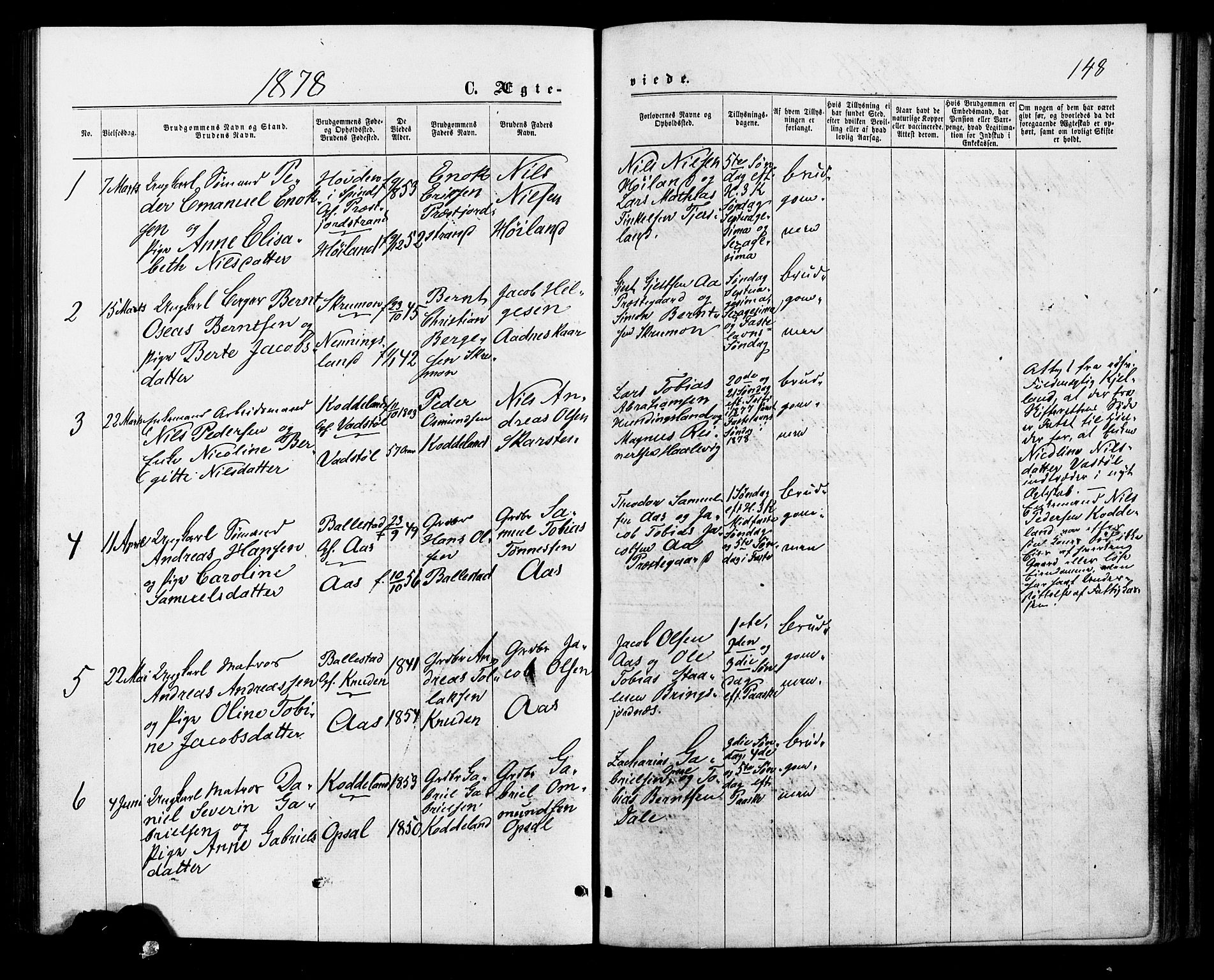 Lyngdal sokneprestkontor, AV/SAK-1111-0029/F/Fa/Faa/L0003: Parish register (official) no. A 3, 1871-1882, p. 148