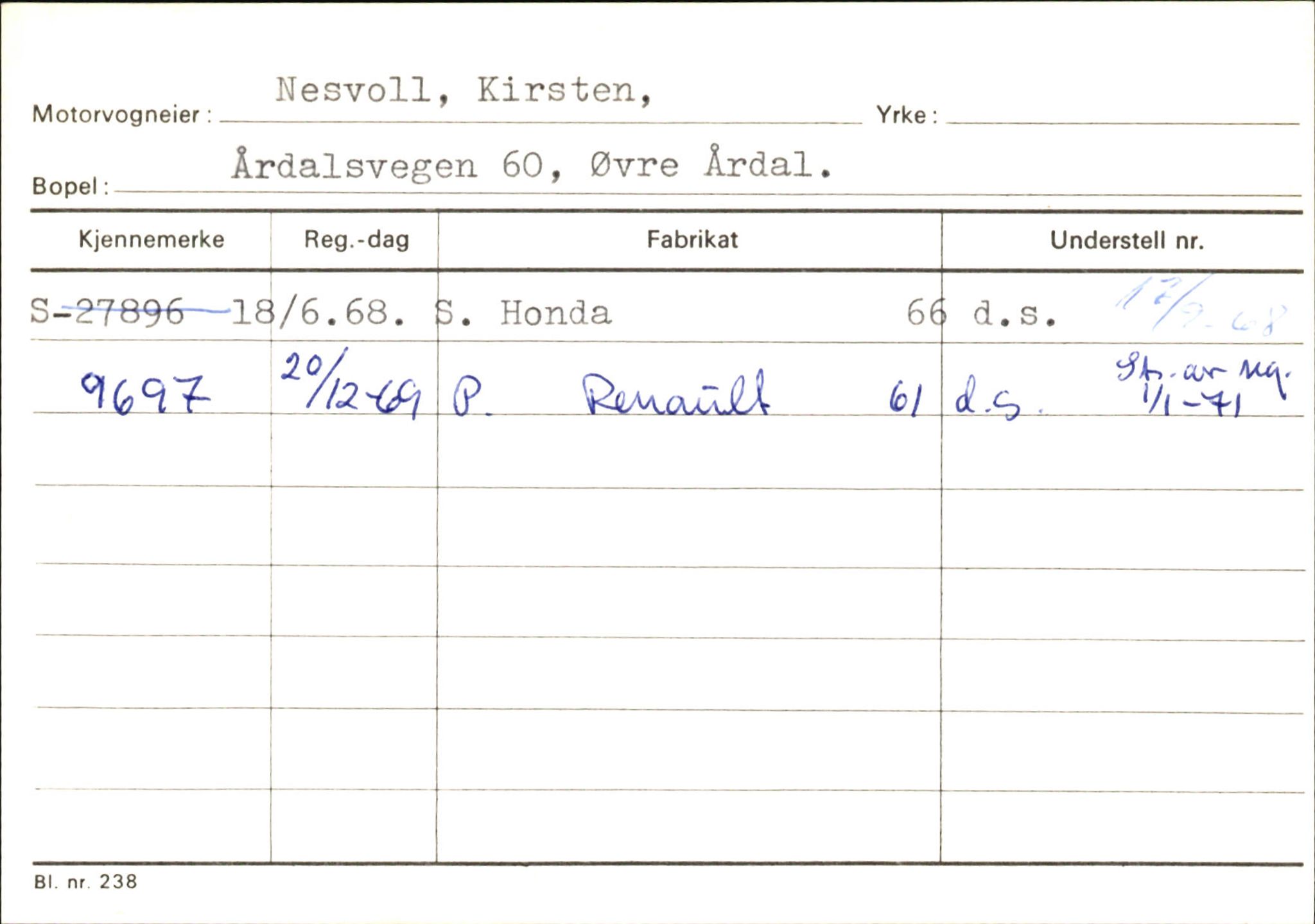 Statens vegvesen, Sogn og Fjordane vegkontor, AV/SAB-A-5301/4/F/L0145: Registerkort Vågsøy S-Å. Årdal I-P, 1945-1975, p. 2023