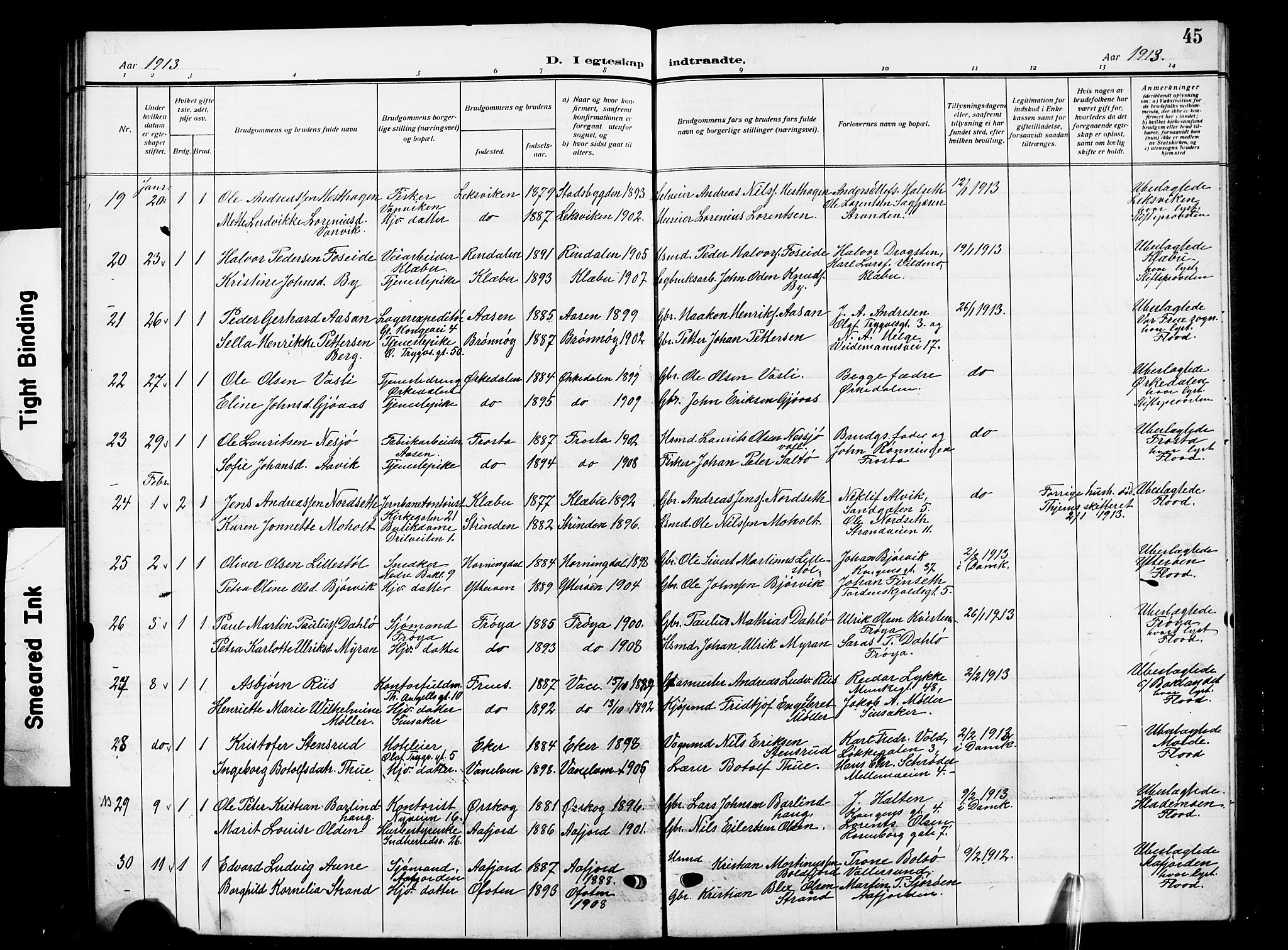 Ministerialprotokoller, klokkerbøker og fødselsregistre - Sør-Trøndelag, AV/SAT-A-1456/601/L0097: Parish register (copy) no. 601C15, 1911-1921, p. 45