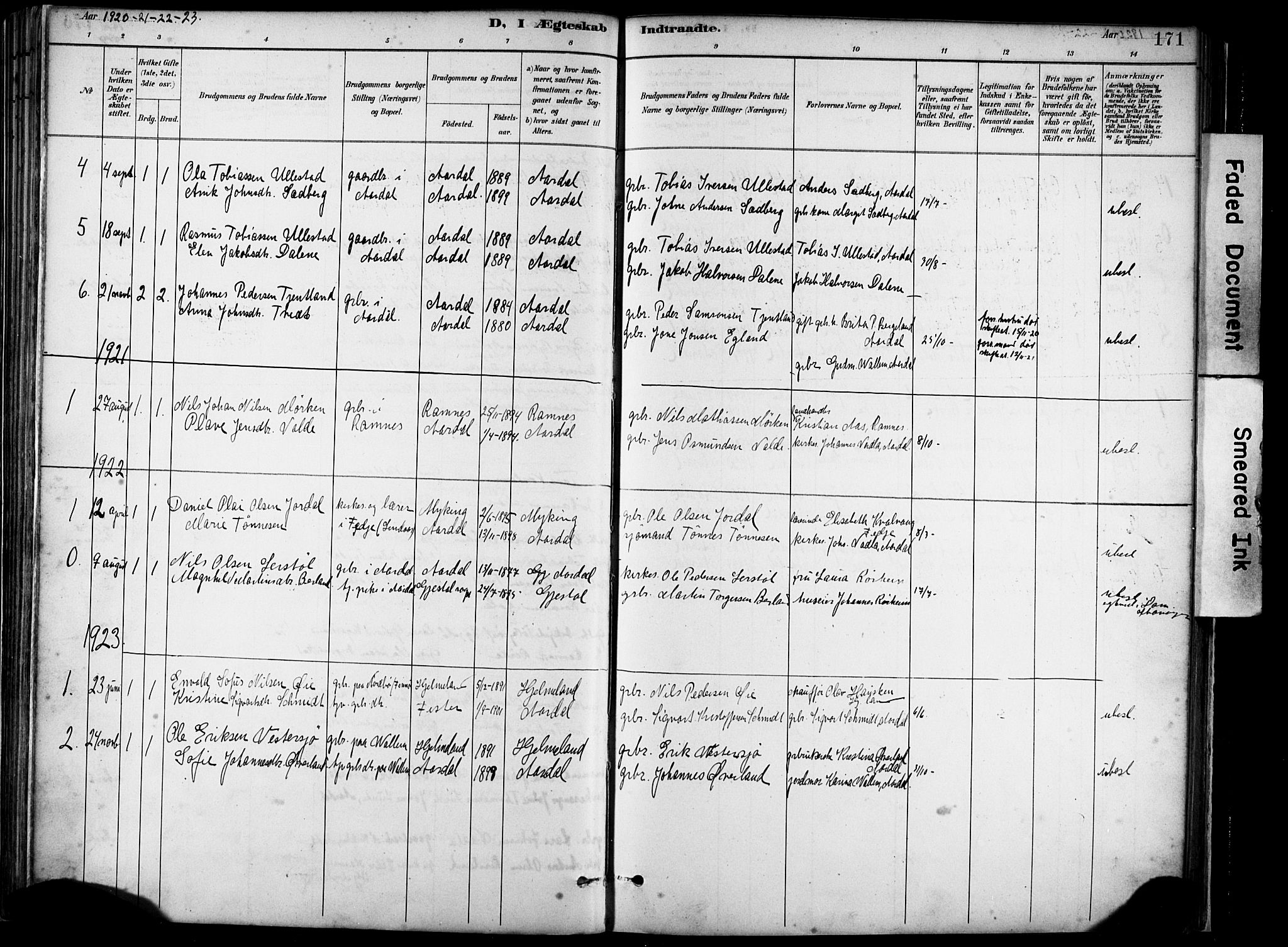 Hjelmeland sokneprestkontor, AV/SAST-A-101843/02/A/L0001: Parish register (official) no. A 16, 1887-1926, p. 171