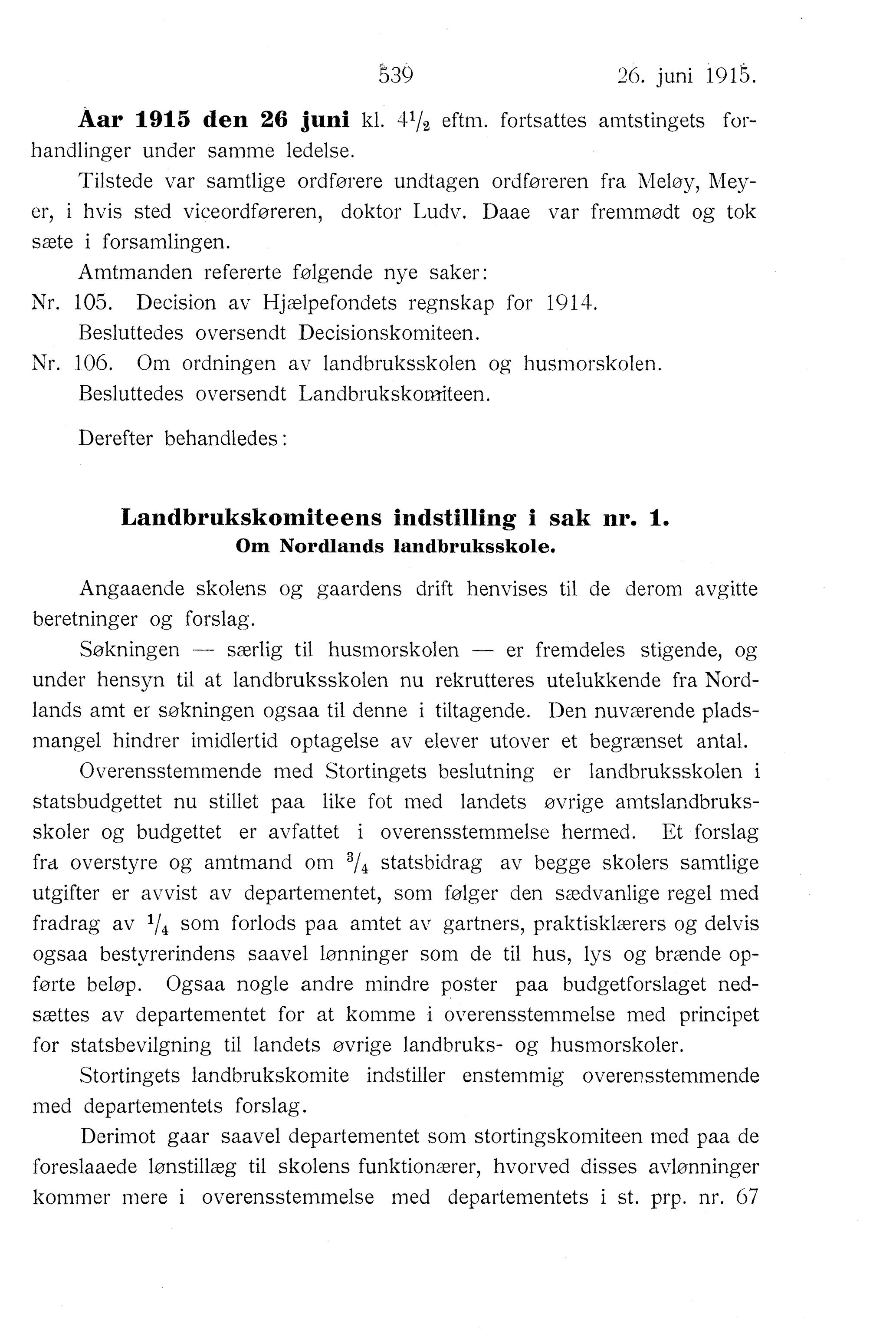 Nordland Fylkeskommune. Fylkestinget, AIN/NFK-17/176/A/Ac/L0038: Fylkestingsforhandlinger 1915, 1915, p. 539