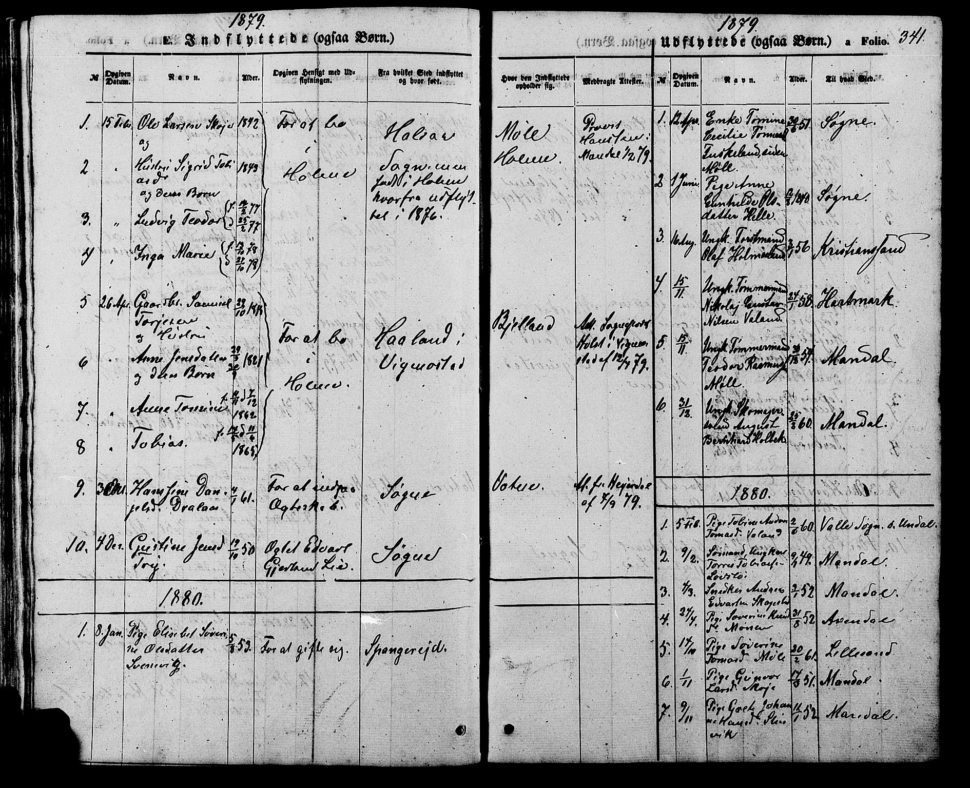 Holum sokneprestkontor, AV/SAK-1111-0022/F/Fb/Fba/L0004: Parish register (copy) no. B 4, 1867-1890, p. 341
