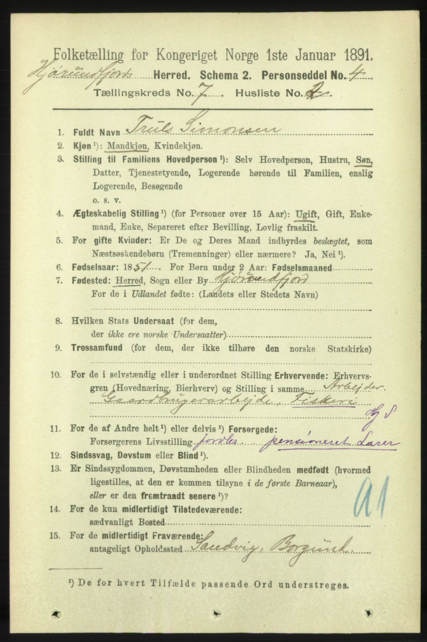 RA, 1891 census for 1522 Hjørundfjord, 1891, p. 1516