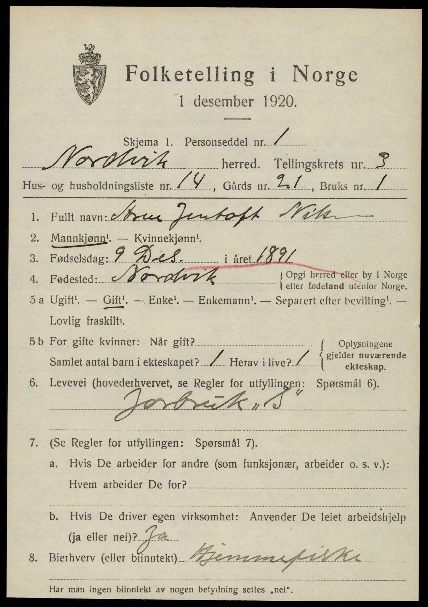 SAT, 1920 census for Nordvik, 1920, p. 1440