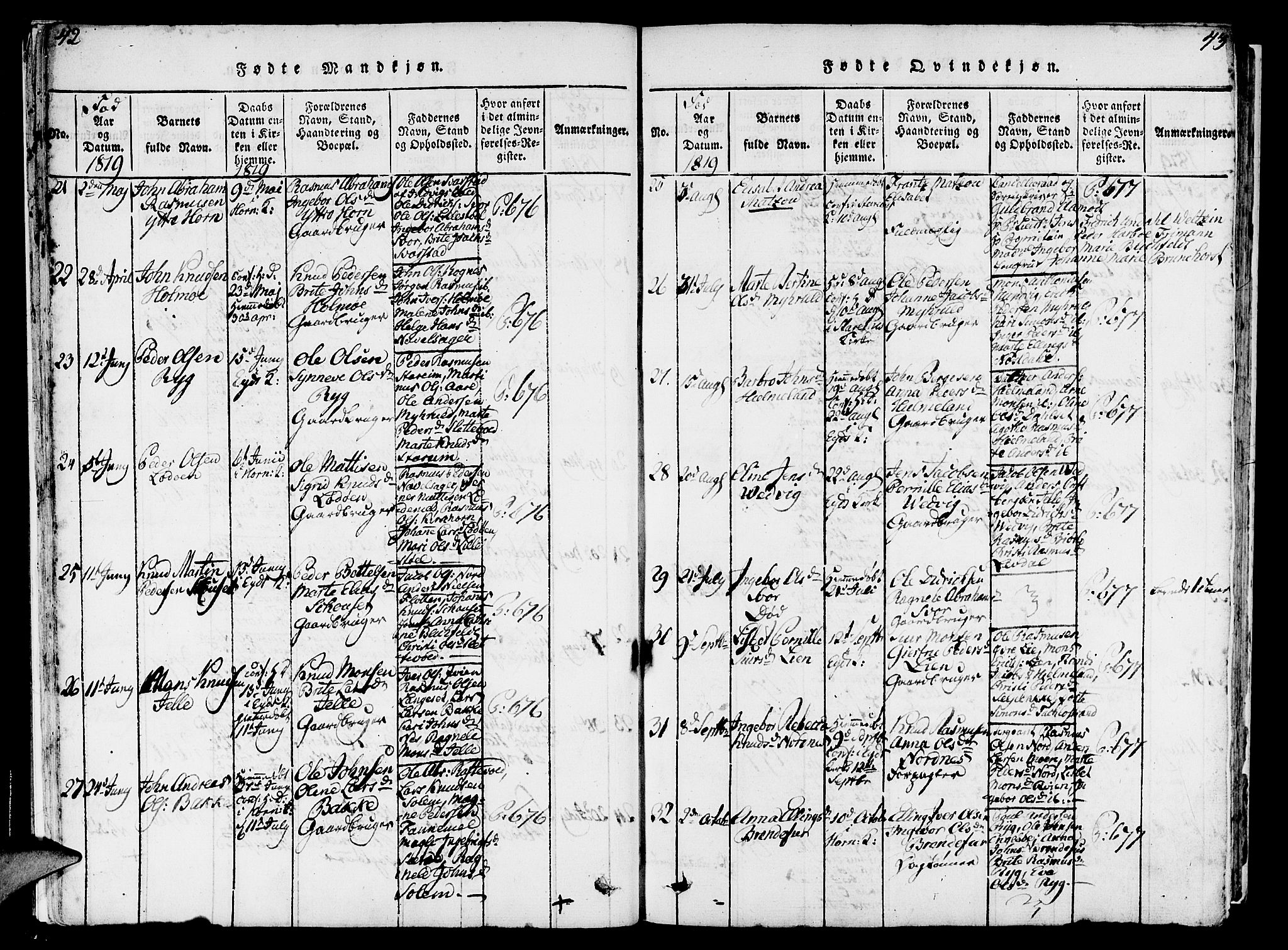 Eid sokneprestembete, AV/SAB-A-82301/H/Haa/Haaa/L0005: Parish register (official) no. A 5, 1816-1830, p. 42-43