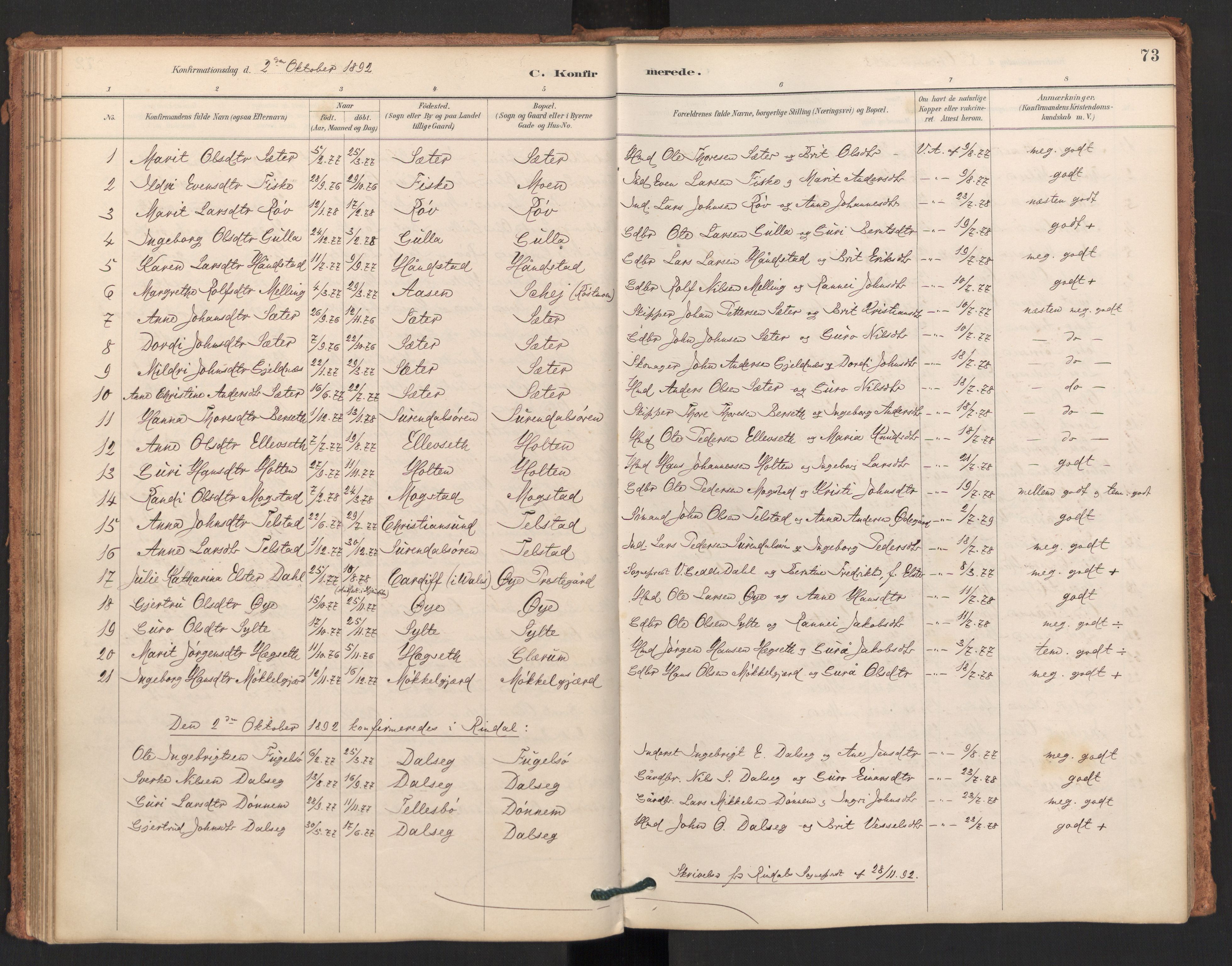 Ministerialprotokoller, klokkerbøker og fødselsregistre - Møre og Romsdal, AV/SAT-A-1454/596/L1056: Parish register (official) no. 596A01, 1885-1900, p. 73