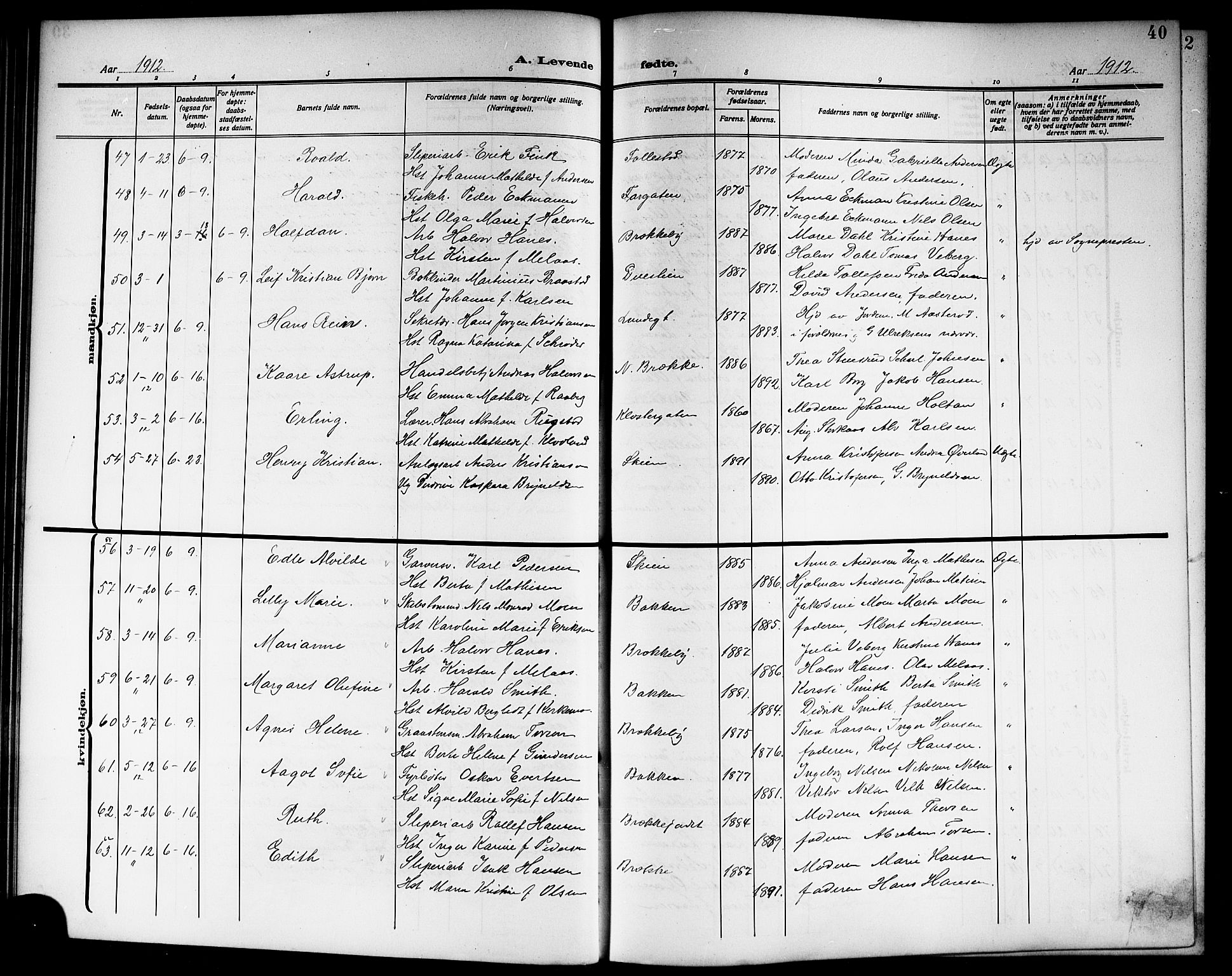 Skien kirkebøker, AV/SAKO-A-302/G/Ga/L0009: Parish register (copy) no. 9, 1910-1920, p. 40