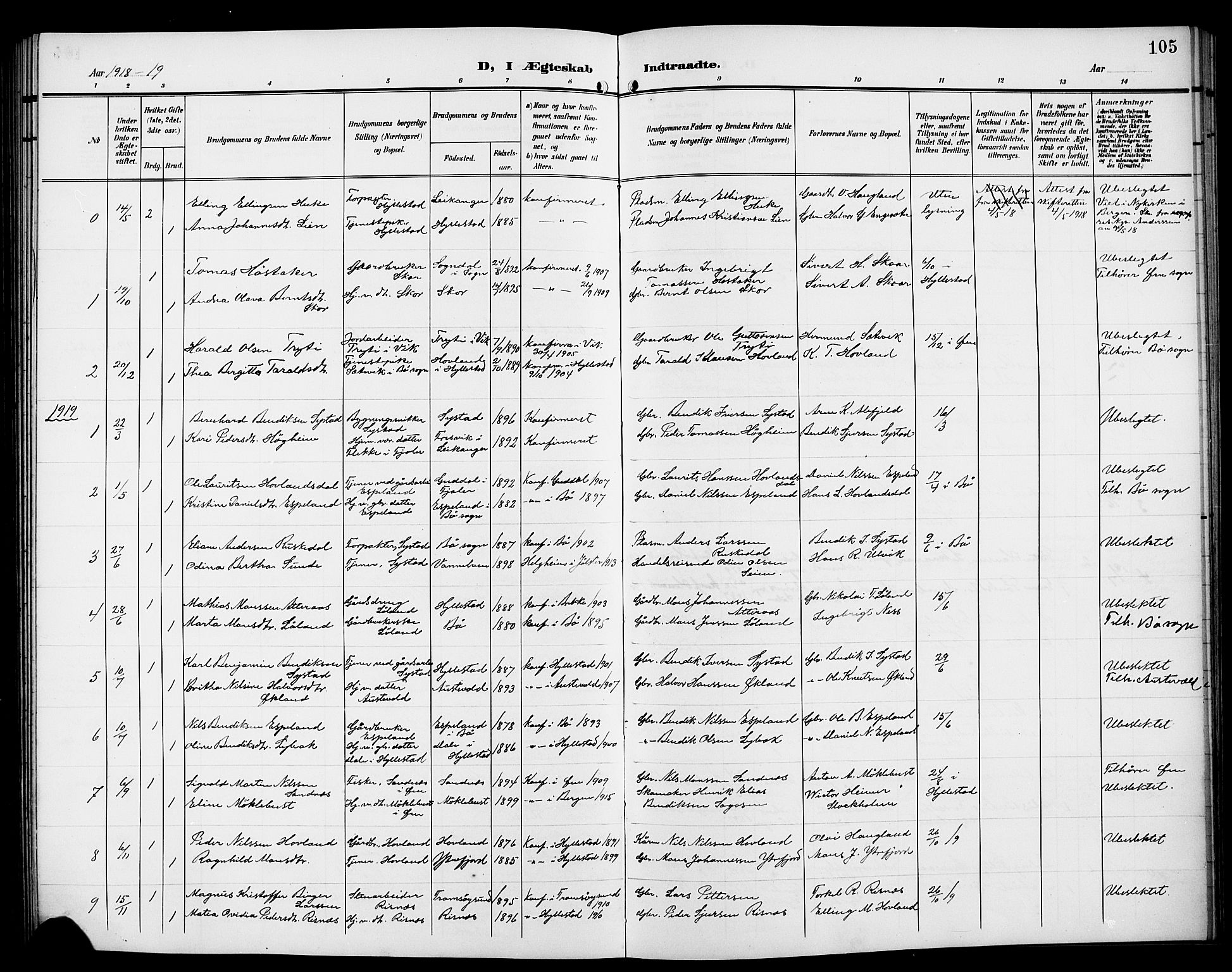 Hyllestad sokneprestembete, SAB/A-80401: Parish register (copy) no. A 3, 1906-1925, p. 105