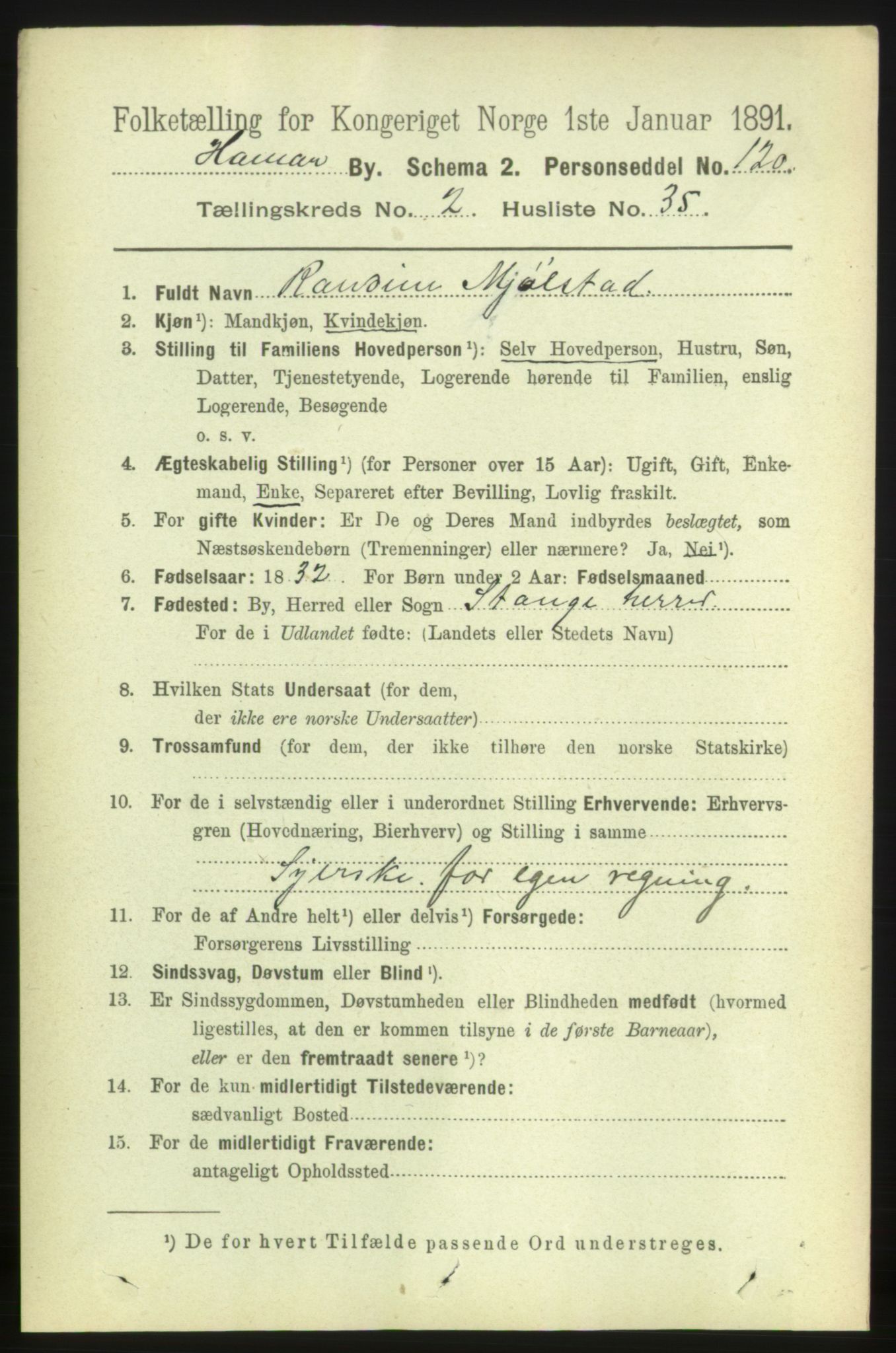 RA, 1891 census for 0401 Hamar, 1891, p. 1585