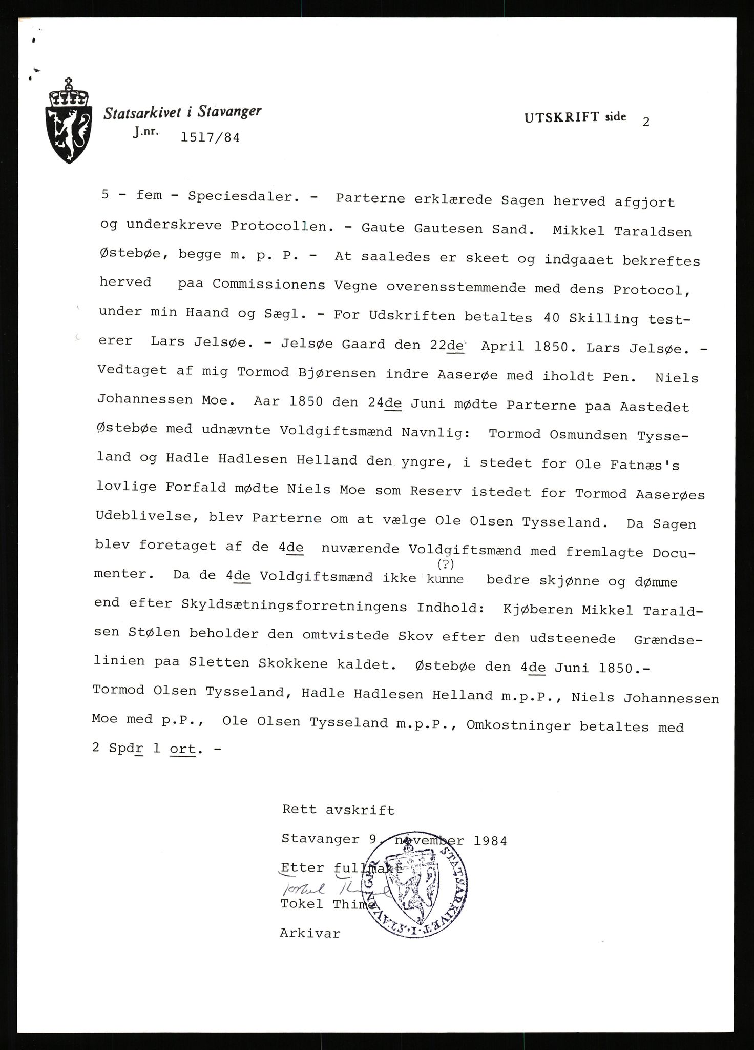 Statsarkivet i Stavanger, AV/SAST-A-101971/03/Y/Yj/L0098: Avskrifter sortert etter gårdsnavn: Øigrei - Østeinstad, 1750-1930, p. 630