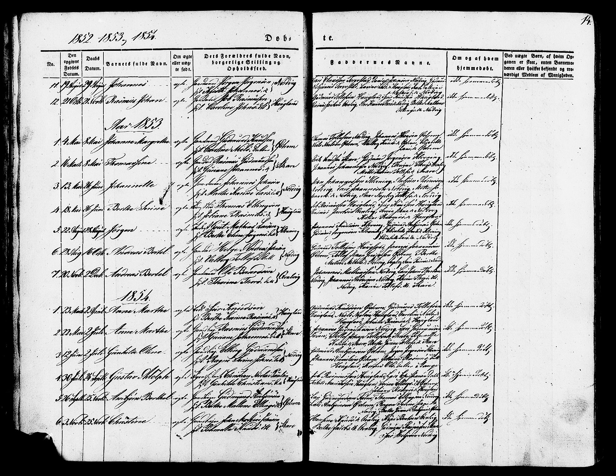 Torvastad sokneprestkontor, SAST/A -101857/H/Ha/Haa/L0007: Parish register (official) no. A 7, 1838-1882, p. 14