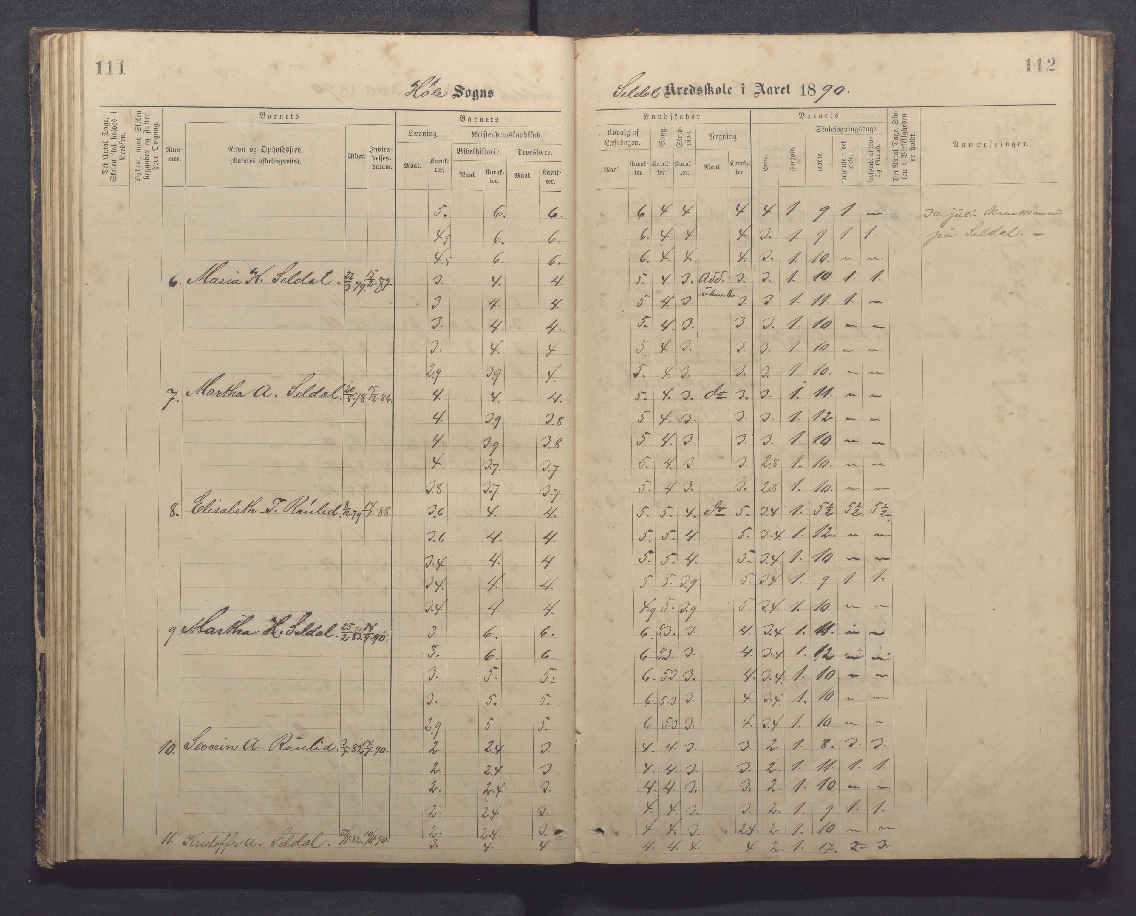 Høle kommune - Tengesdal skole, IKAR/K-100033/F/L0001: Skoleprotokoll, 1884-1893, p. 111-112