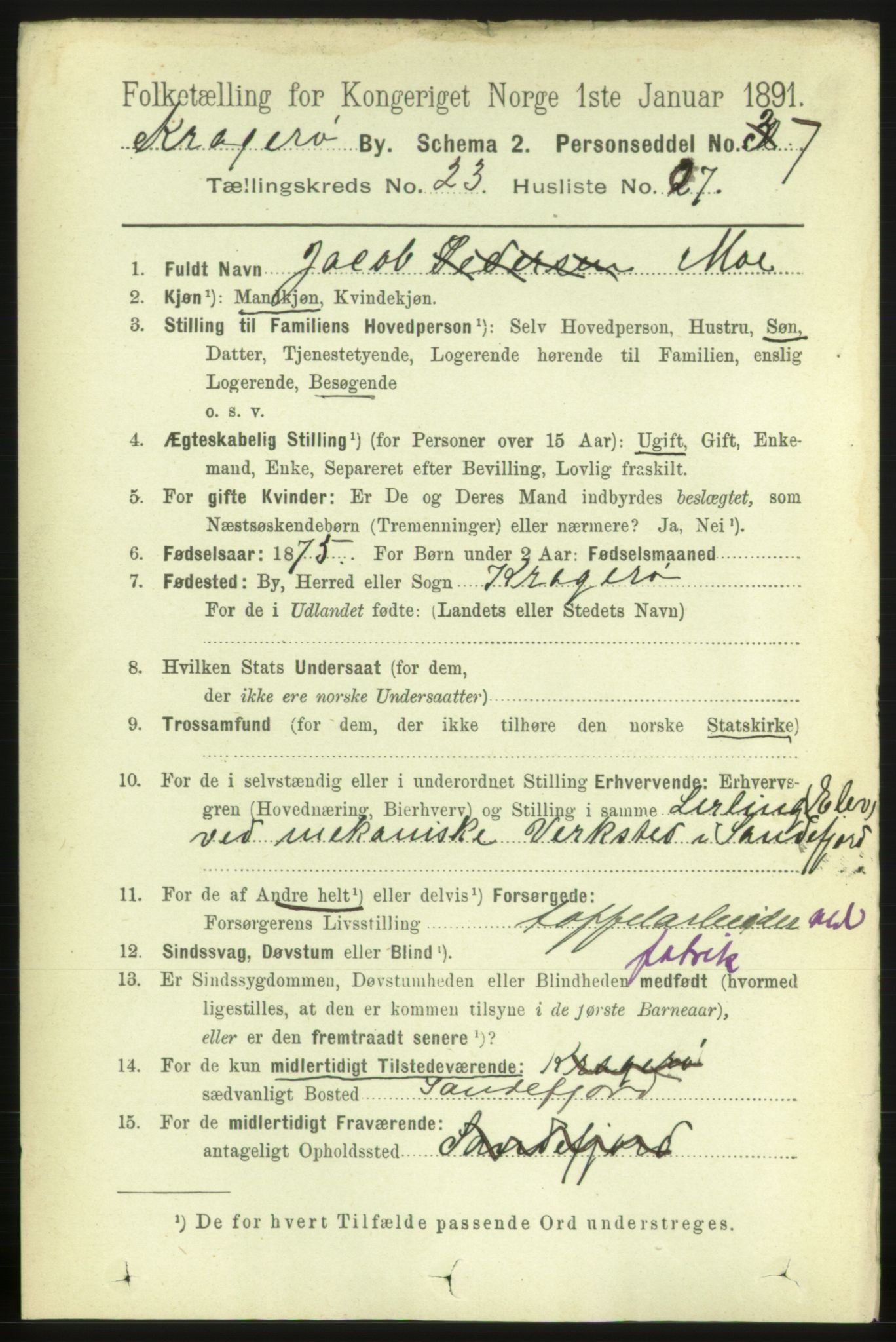 RA, 1891 census for 0801 Kragerø, 1891, p. 4968