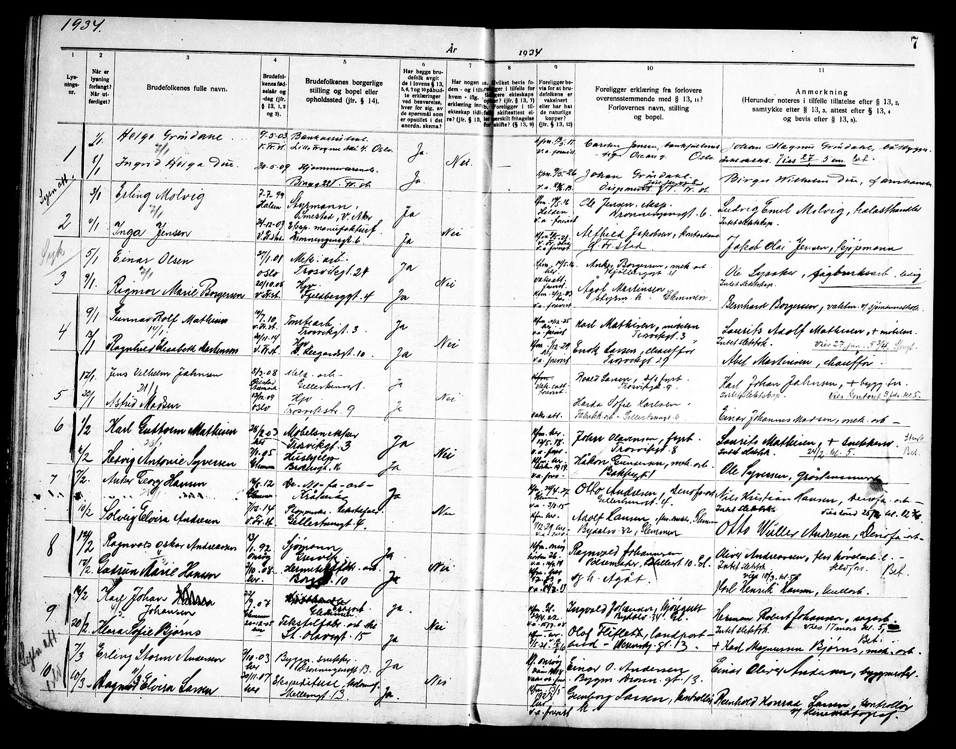 Fredrikstad domkirkes prestekontor Kirkebøker, SAO/A-10906/H/Ha/L0004: Banns register no. 4, 1933-1947, p. 7