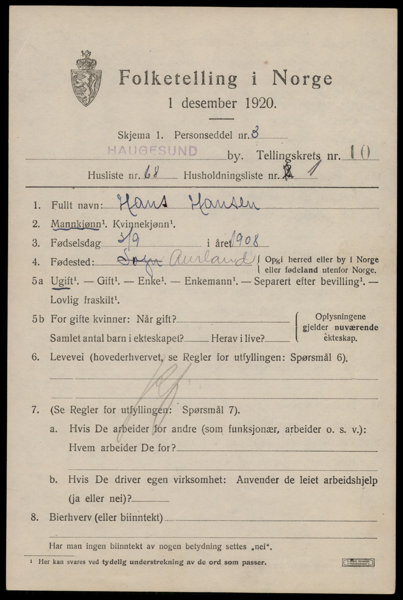 SAST, 1920 census for Haugesund, 1920, p. 34629