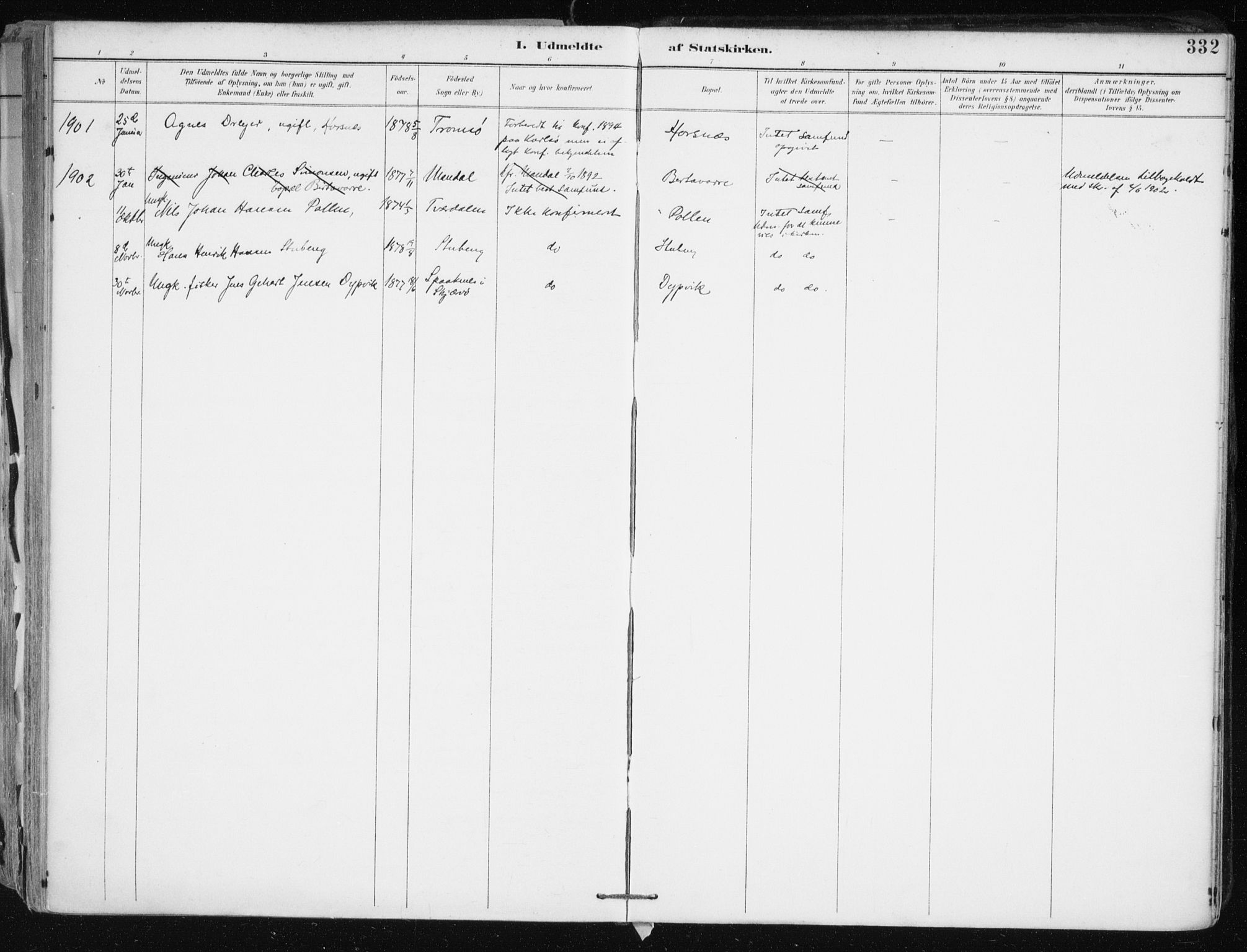 Lyngen sokneprestembete, SATØ/S-1289/H/He/Hea/L0008kirke: Parish register (official) no. 8, 1891-1902, p. 332