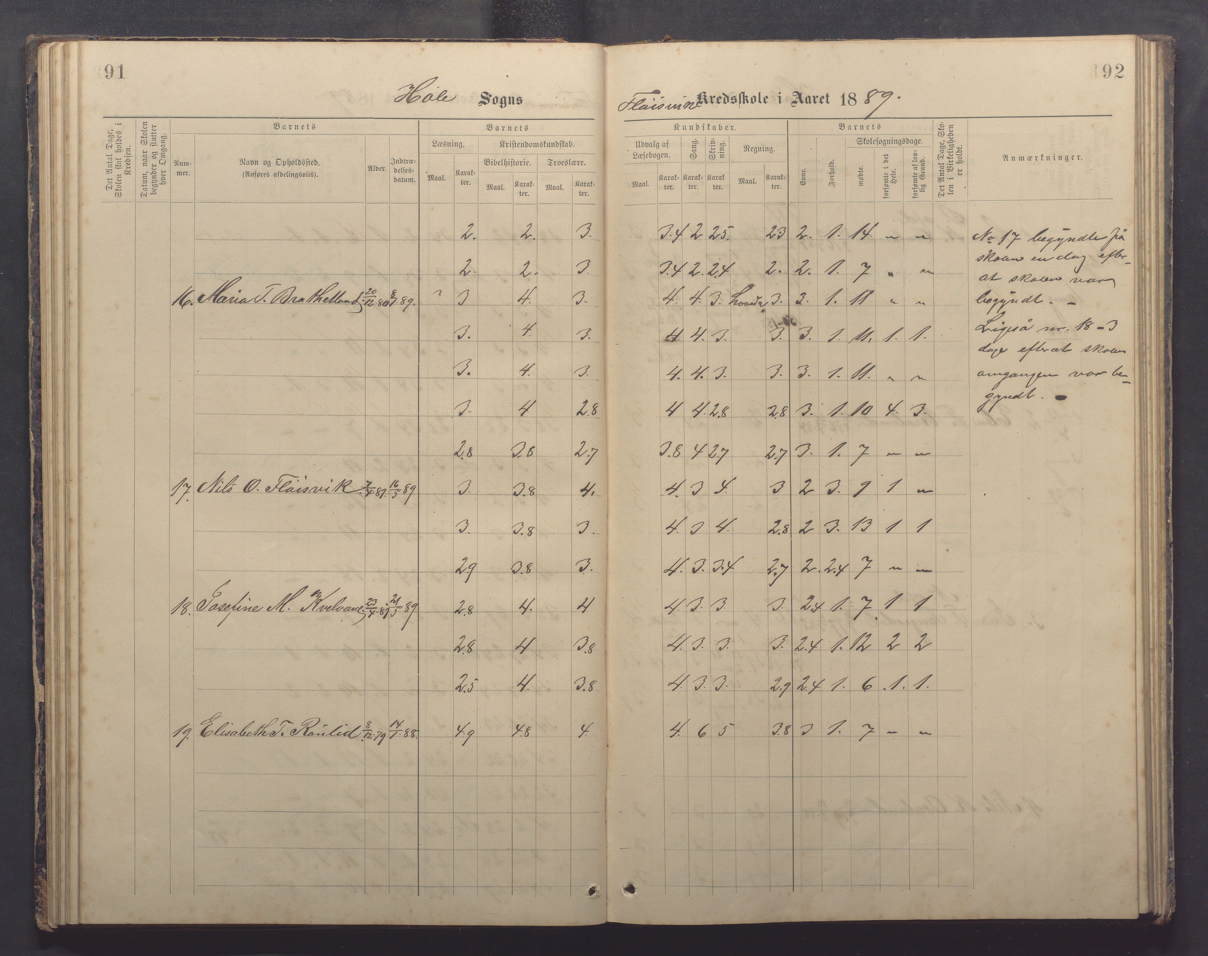 Høle kommune - Tengesdal skole, IKAR/K-100033/F/L0001: Skoleprotokoll, 1884-1893, p. 91-92