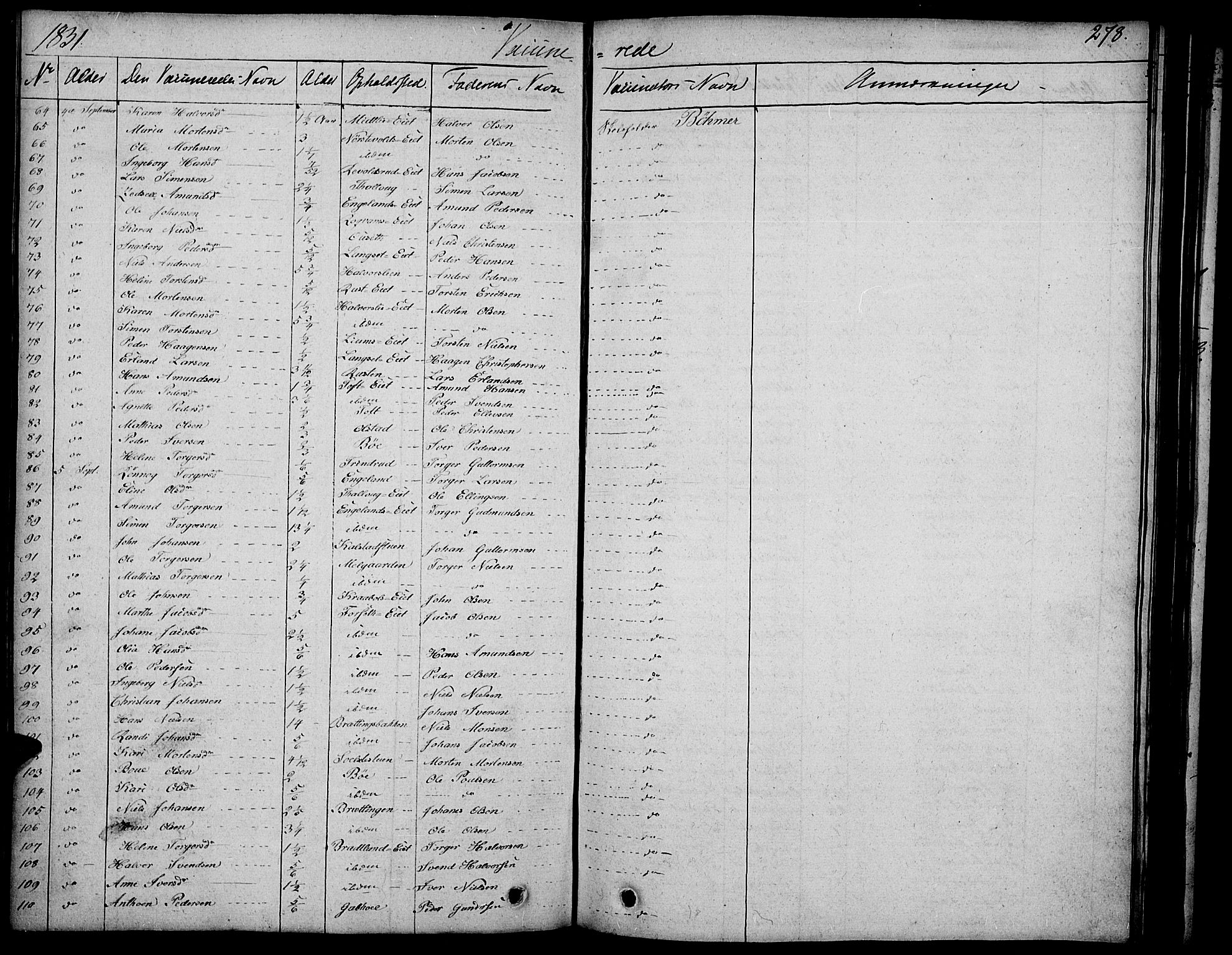 Gausdal prestekontor, SAH/PREST-090/H/Ha/Haa/L0006: Parish register (official) no. 6, 1830-1839, p. 278