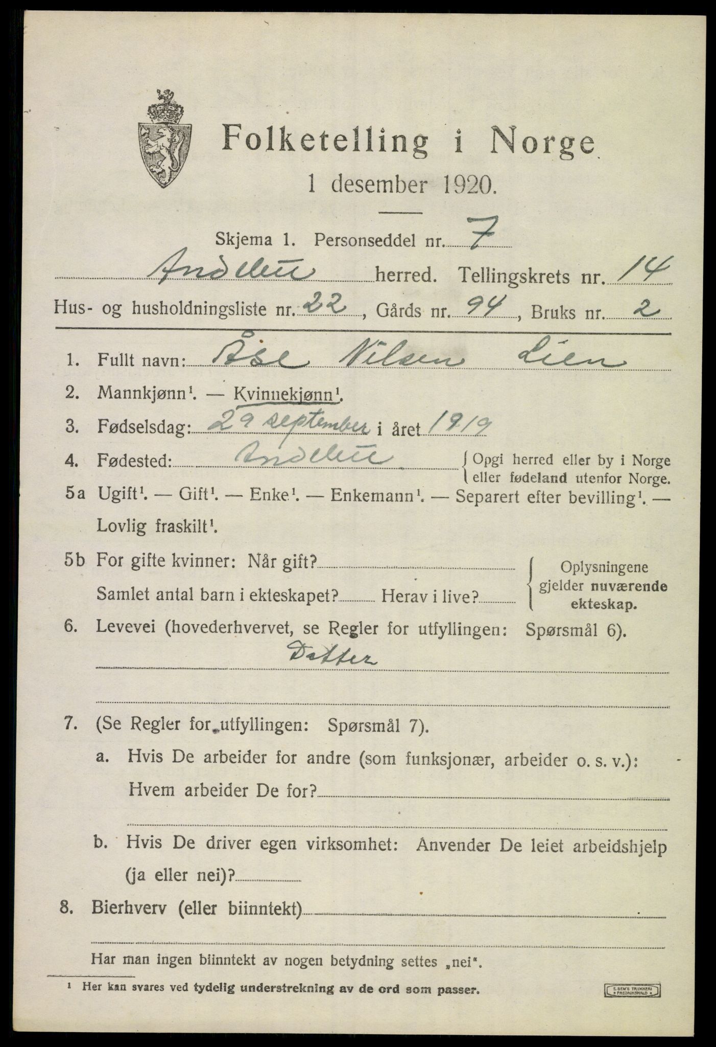 SAKO, 1920 census for Andebu, 1920, p. 5322