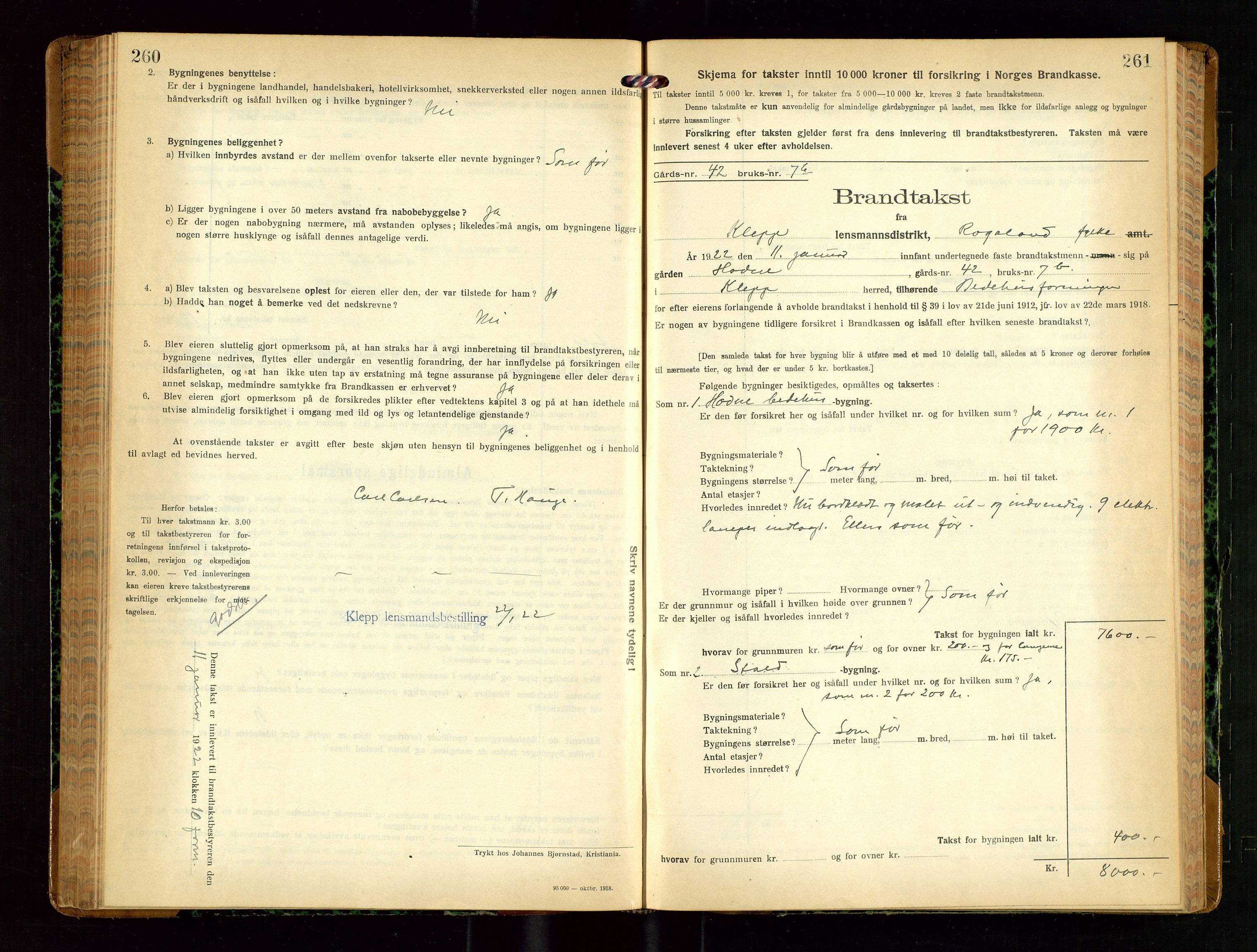 Klepp lensmannskontor, SAST/A-100163/Goc/L0010: "Brandtakstprotokoll" m/register, 1919-1924, p. 260-261