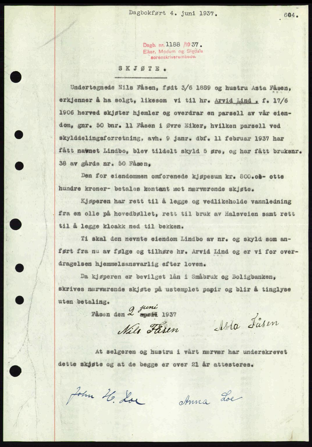 Eiker, Modum og Sigdal sorenskriveri, SAKO/A-123/G/Ga/Gab/L0035: Mortgage book no. A5, 1937-1937, Diary no: : 1188/1937