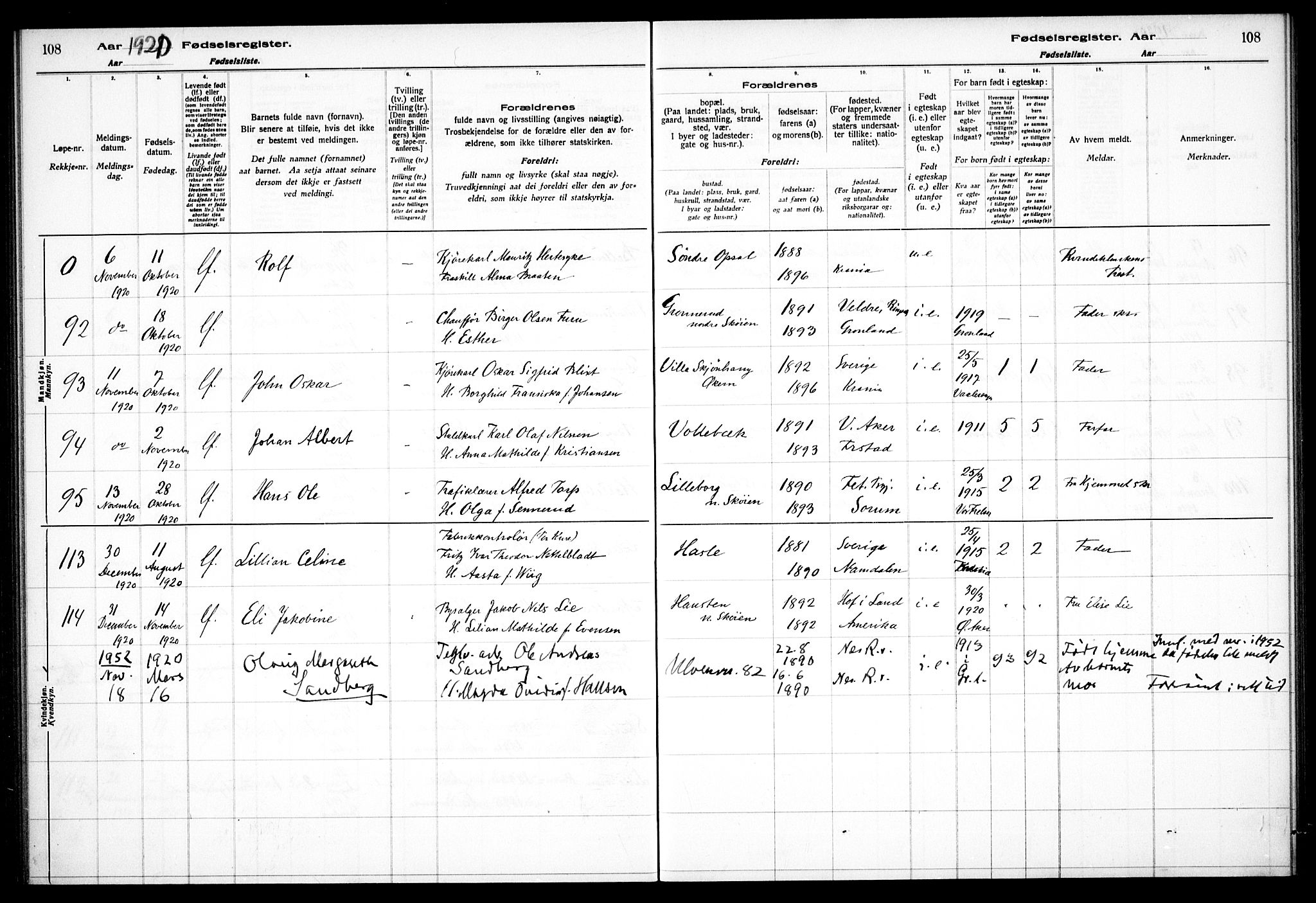 Østre Aker prestekontor Kirkebøker, AV/SAO-A-10840/J/Ja/L0001: Birth register no. I 1, 1916-1923, p. 108