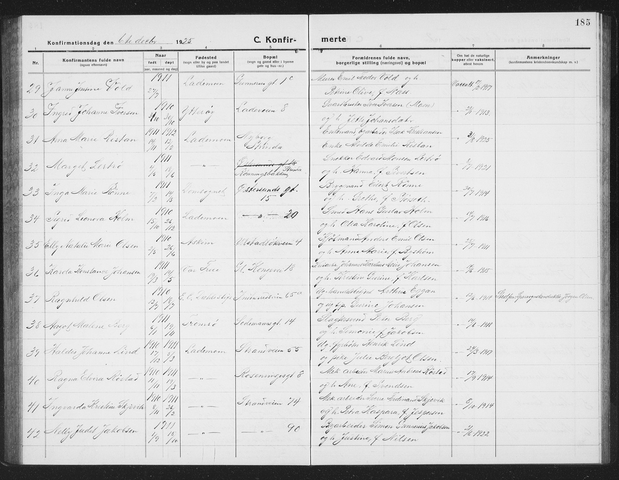 Ministerialprotokoller, klokkerbøker og fødselsregistre - Sør-Trøndelag, SAT/A-1456/605/L0258: Parish register (copy) no. 605C05, 1918-1930, p. 185