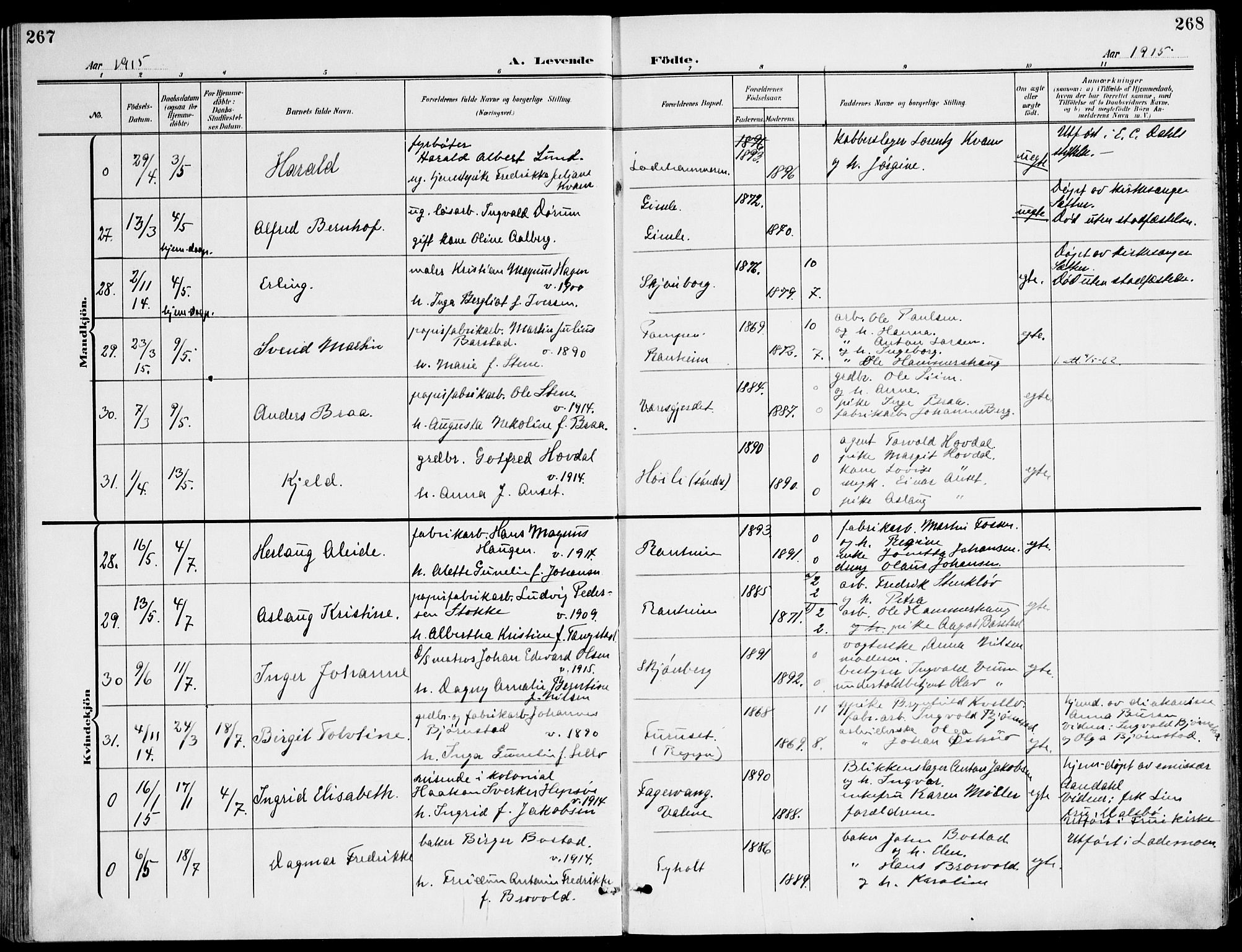 Ministerialprotokoller, klokkerbøker og fødselsregistre - Sør-Trøndelag, SAT/A-1456/607/L0320: Parish register (official) no. 607A04, 1907-1915, p. 267-268