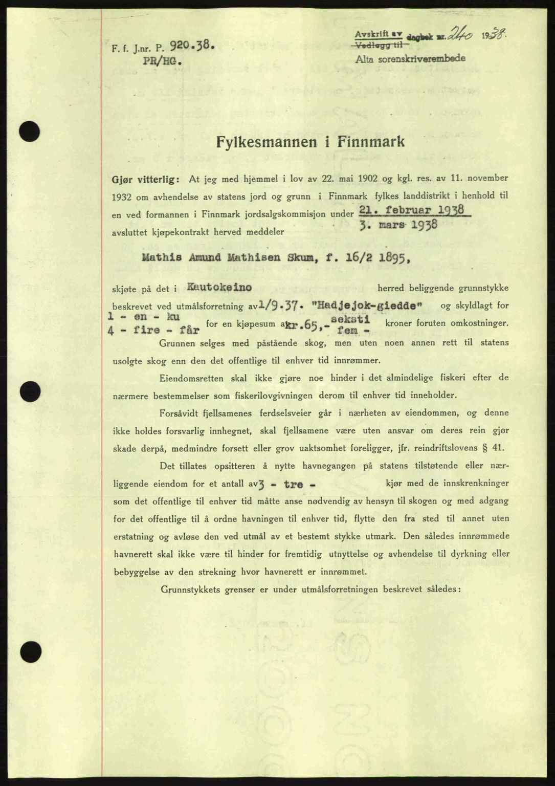 Alta fogderi/sorenskriveri, SATØ/SATØ-5/1/K/Kd/L0031pantebok: Mortgage book no. 31, 1938-1939, Diary no: : 240/1938