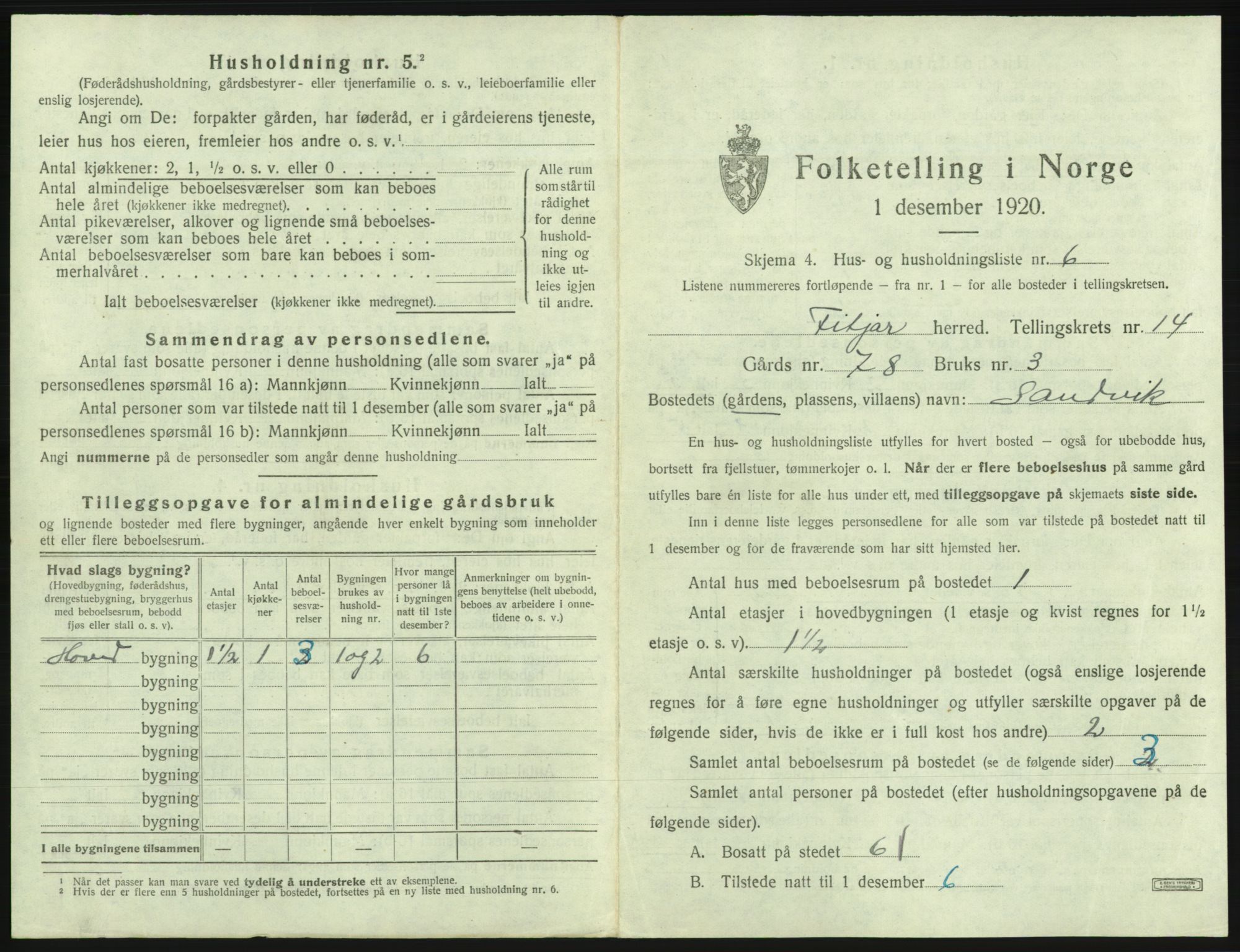 SAB, 1920 census for Fitjar, 1920, p. 841