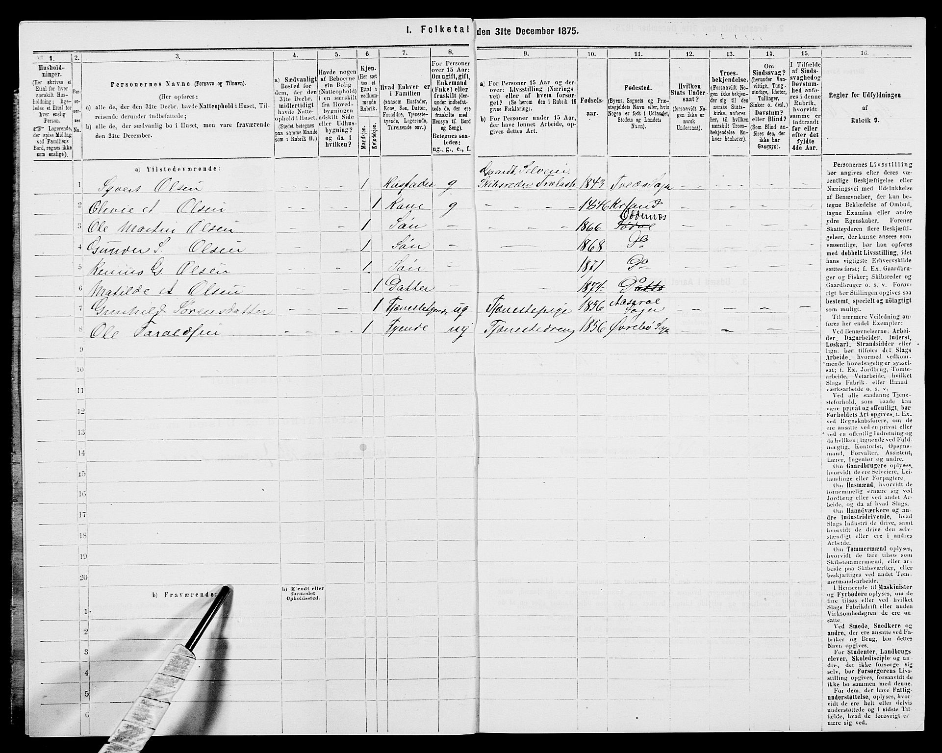 SAK, 1875 census for 1012P Oddernes, 1875, p. 726