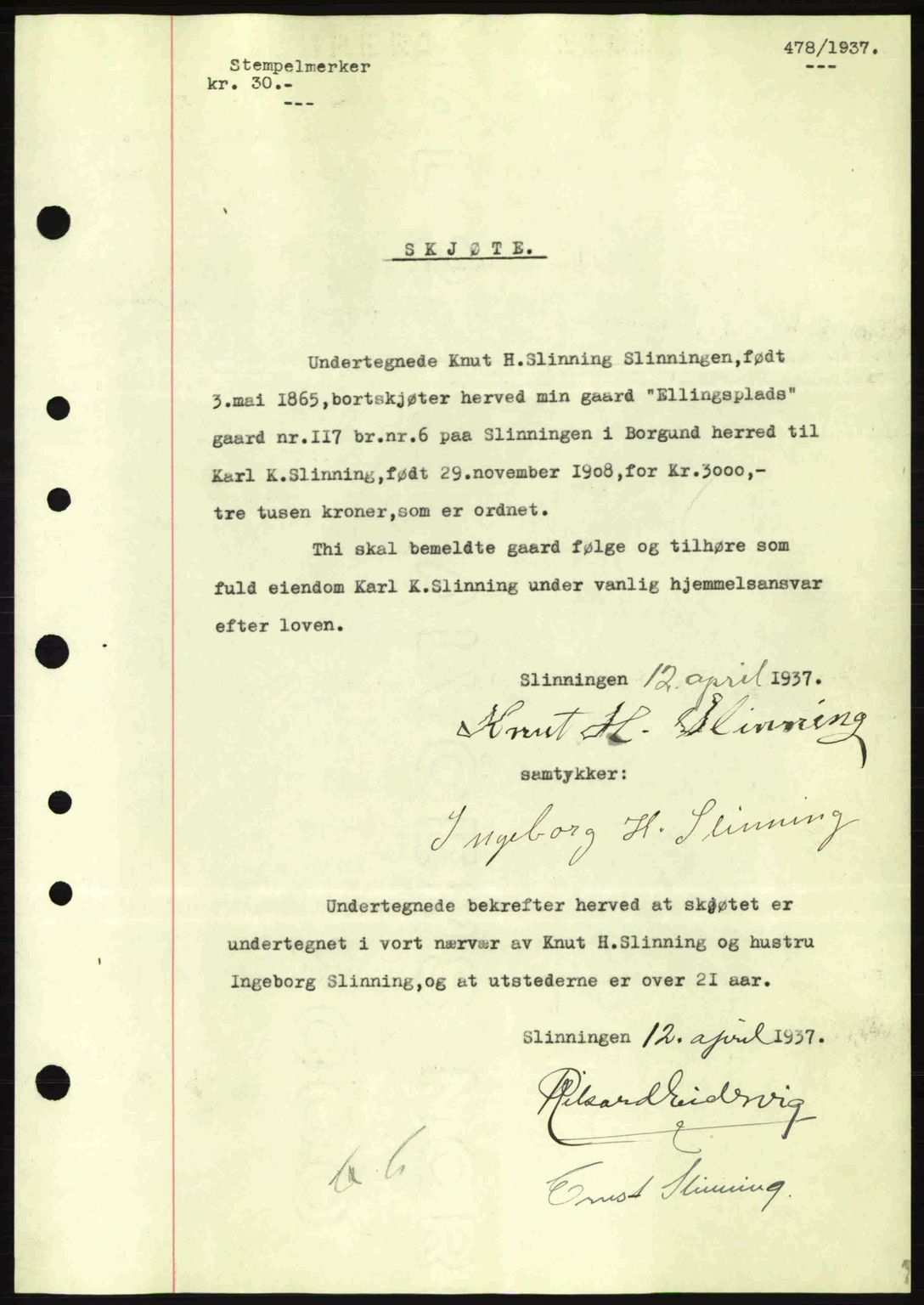 Nordre Sunnmøre sorenskriveri, AV/SAT-A-0006/1/2/2C/2Ca: Mortgage book no. A2, 1936-1937, Diary no: : 478/1937