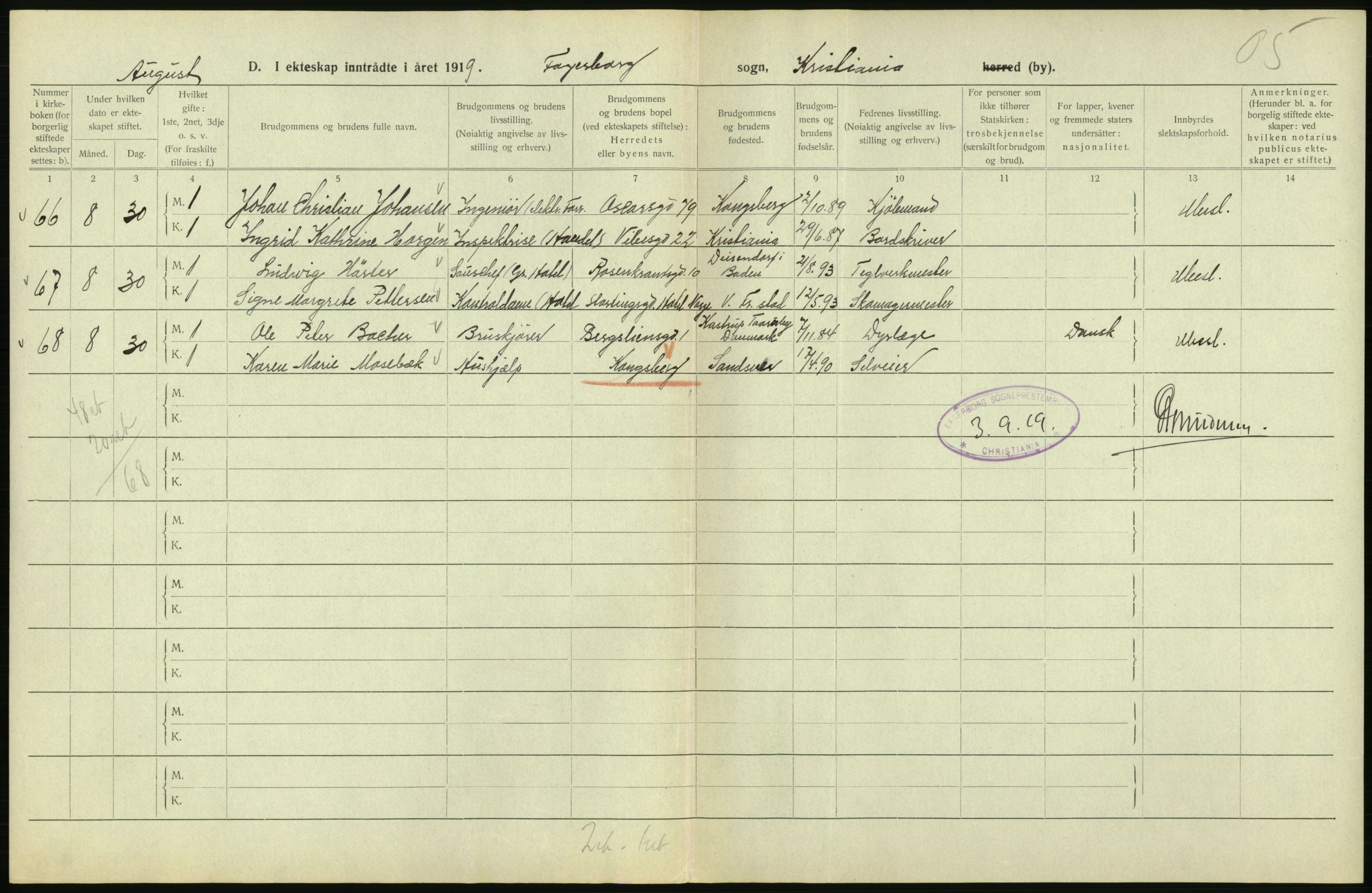 Statistisk sentralbyrå, Sosiodemografiske emner, Befolkning, AV/RA-S-2228/D/Df/Dfb/Dfbi/L0009: Kristiania: Gifte, 1919, p. 262