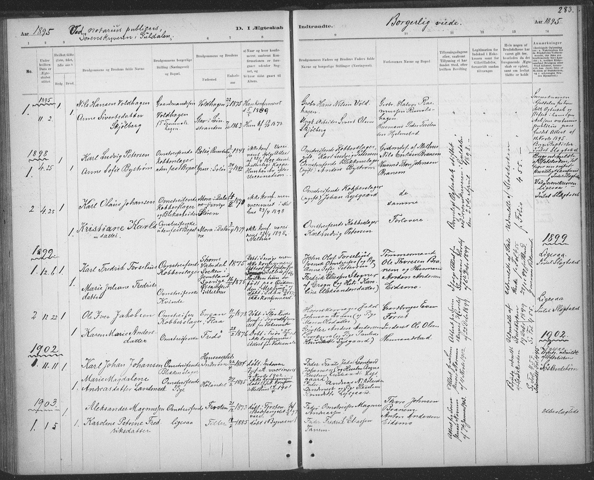 Ministerialprotokoller, klokkerbøker og fødselsregistre - Sør-Trøndelag, SAT/A-1456/691/L1085: Parish register (official) no. 691A17, 1887-1908, p. 283