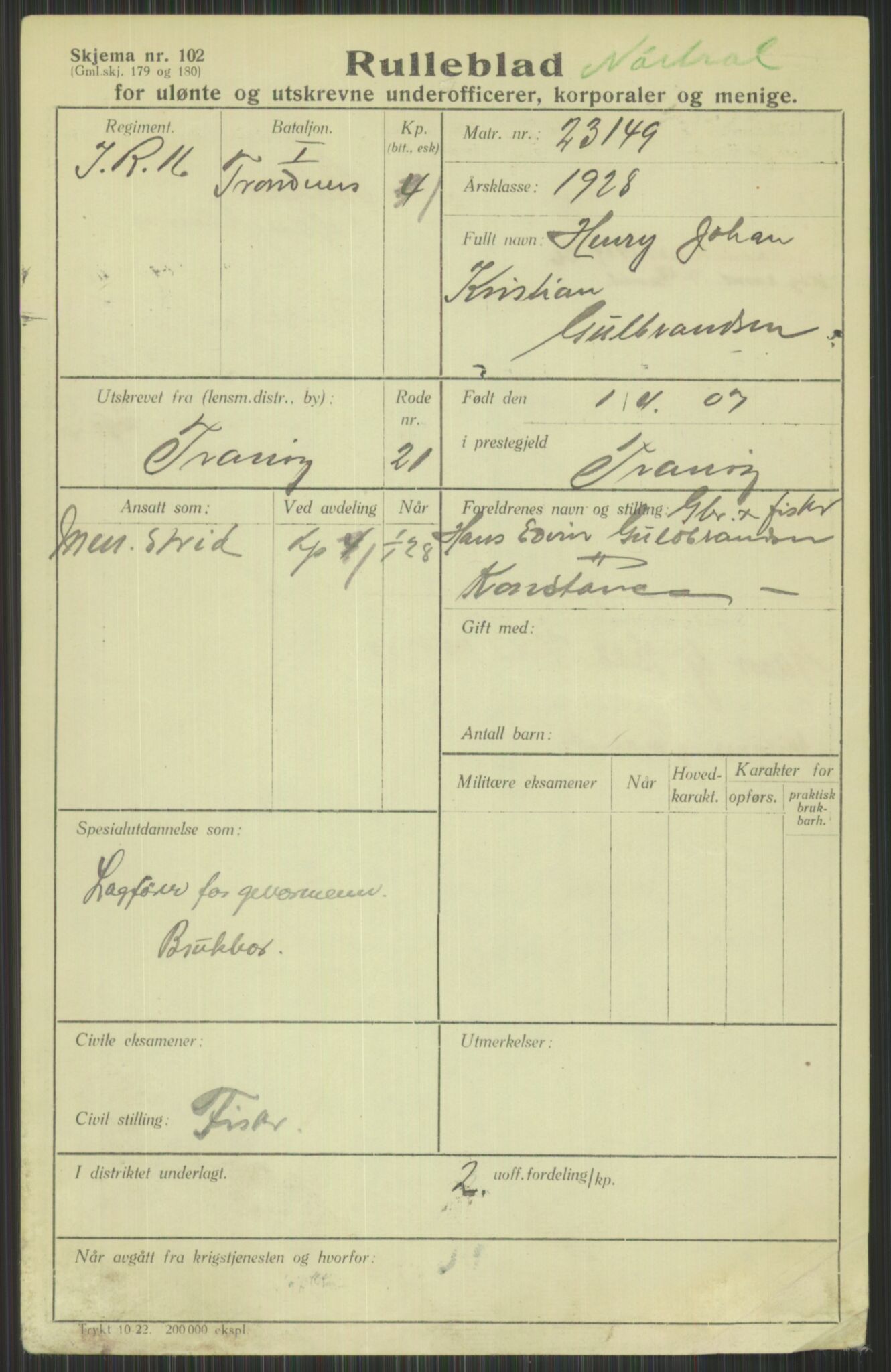 Forsvaret, Troms infanteriregiment nr. 16, AV/RA-RAFA-3146/P/Pa/L0013/0003: Rulleblad / Rulleblad for regimentets menige mannskaper, årsklasse 1928, 1928, p. 147