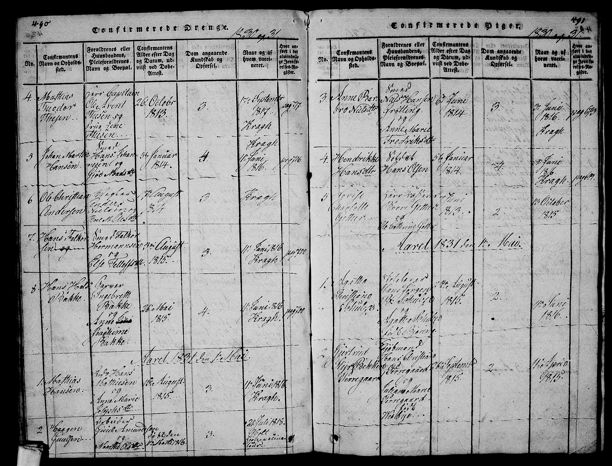 Larvik kirkebøker, AV/SAKO-A-352/G/Gb/L0001: Parish register (copy) no. II 1, 1818-1843, p. 490-491