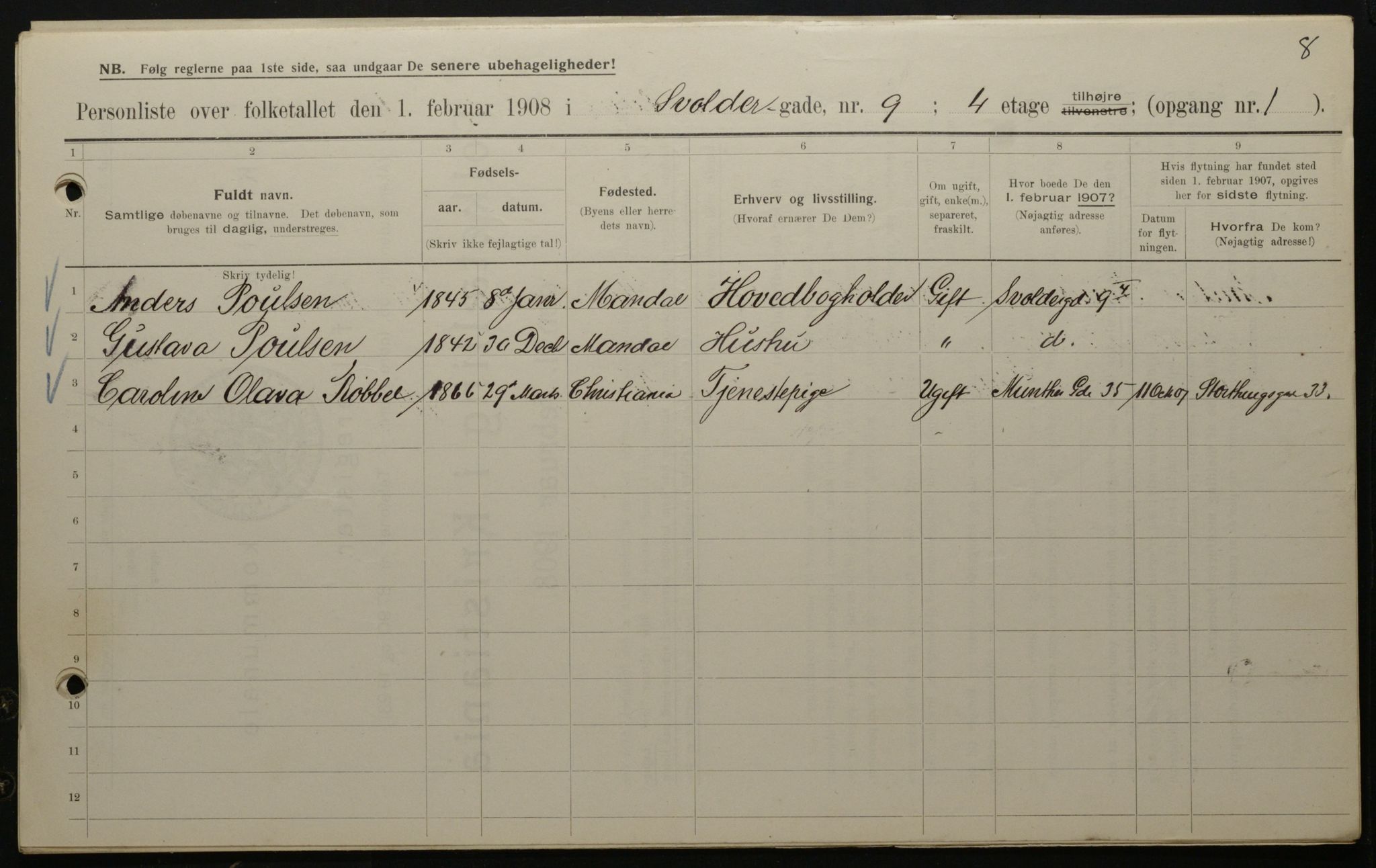 OBA, Municipal Census 1908 for Kristiania, 1908, p. 95527