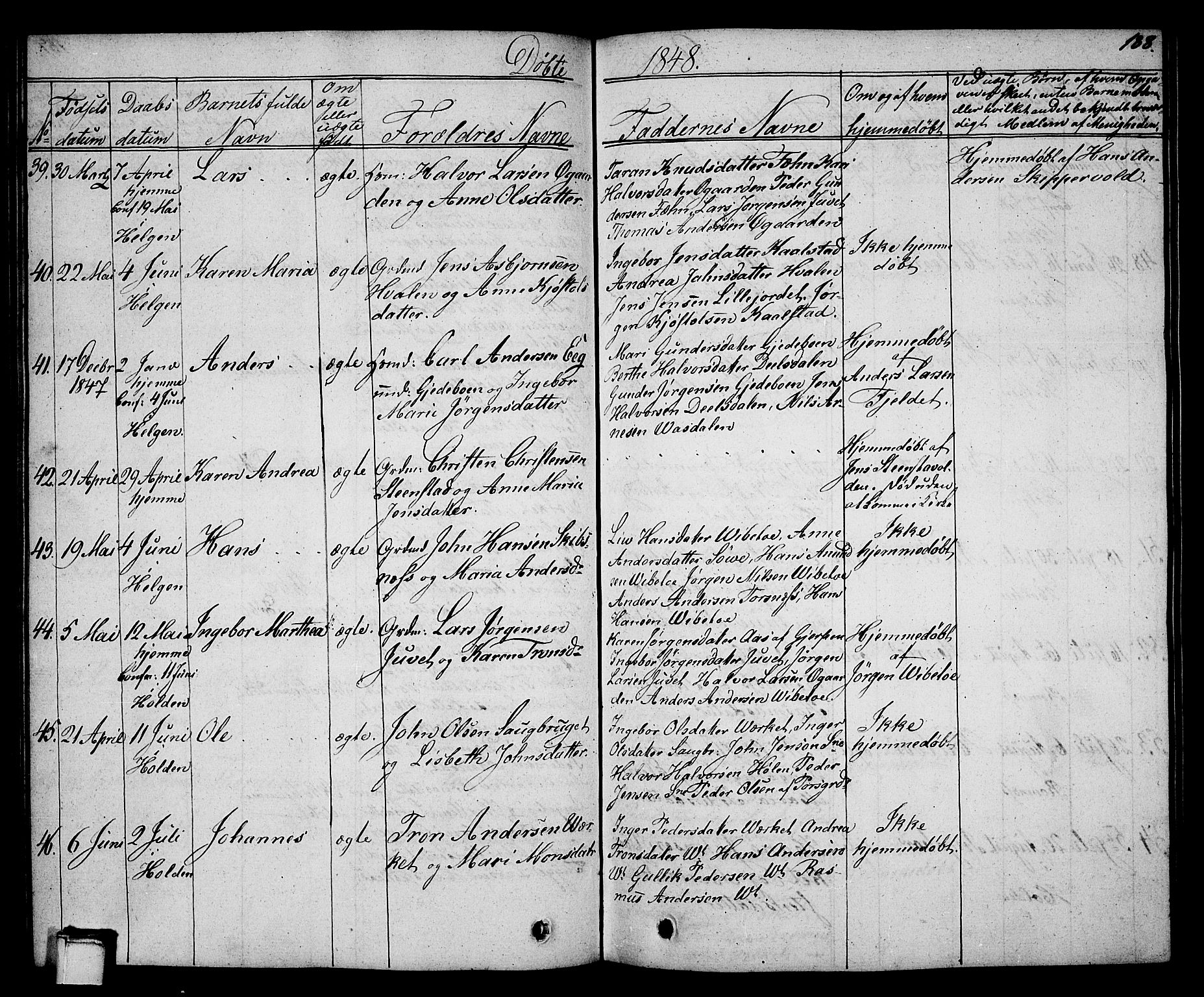 Holla kirkebøker, AV/SAKO-A-272/G/Ga/L0002: Parish register (copy) no. I 2, 1830-1848, p. 188