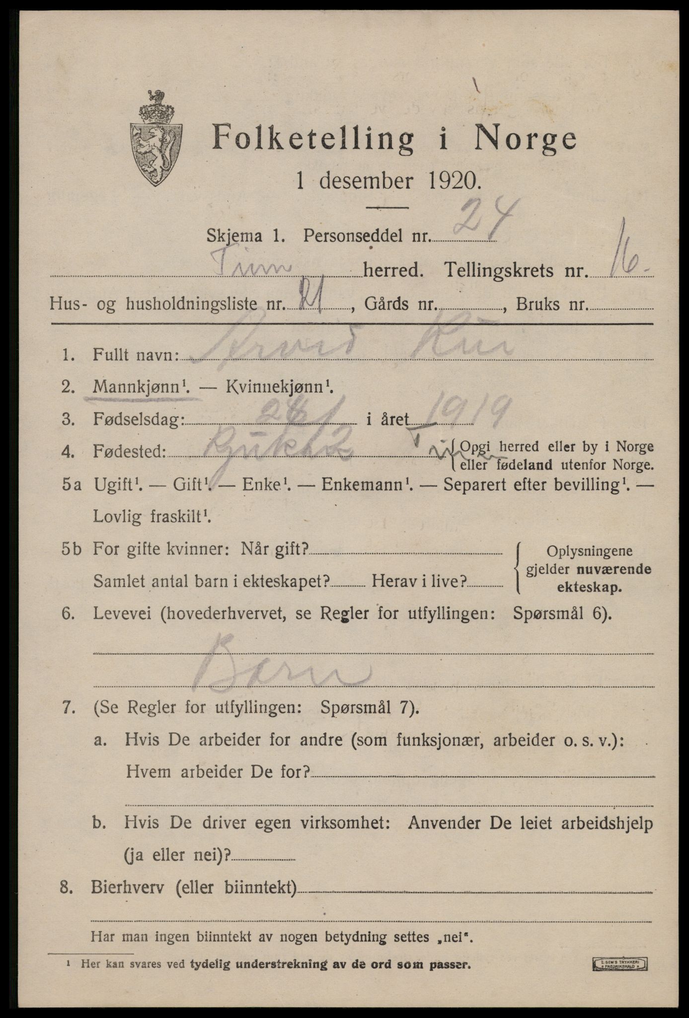 SAKO, 1920 census for Tinn, 1920, p. 16712