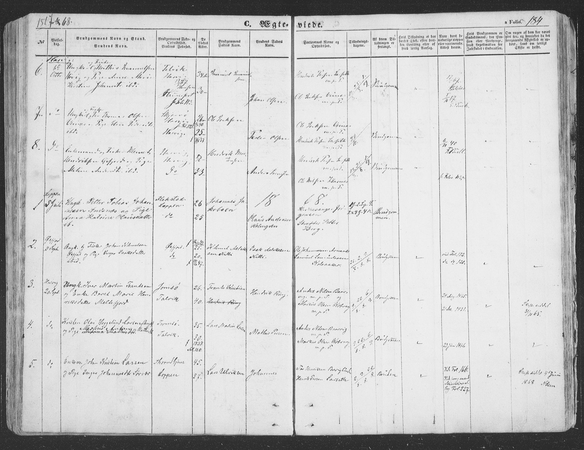 Loppa sokneprestkontor, AV/SATØ-S-1339/H/Ha/L0004kirke: Parish register (official) no. 4, 1849-1868, p. 184