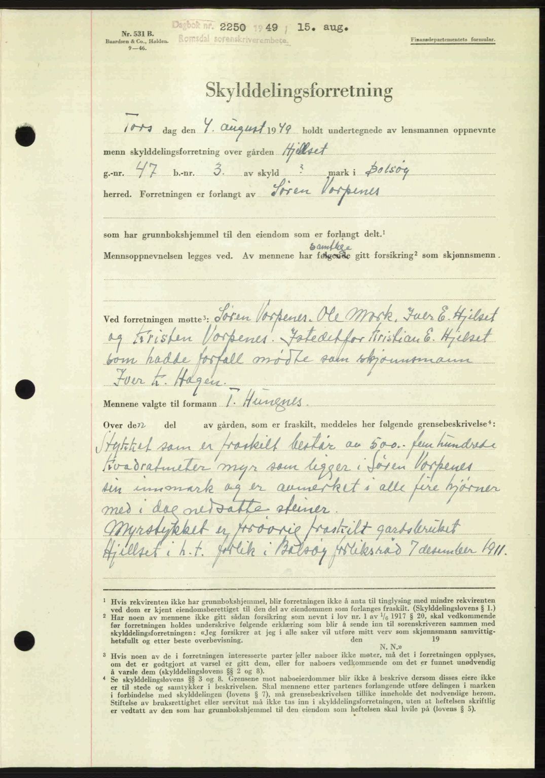 Romsdal sorenskriveri, AV/SAT-A-4149/1/2/2C: Mortgage book no. A30, 1949-1949, Diary no: : 2250/1949