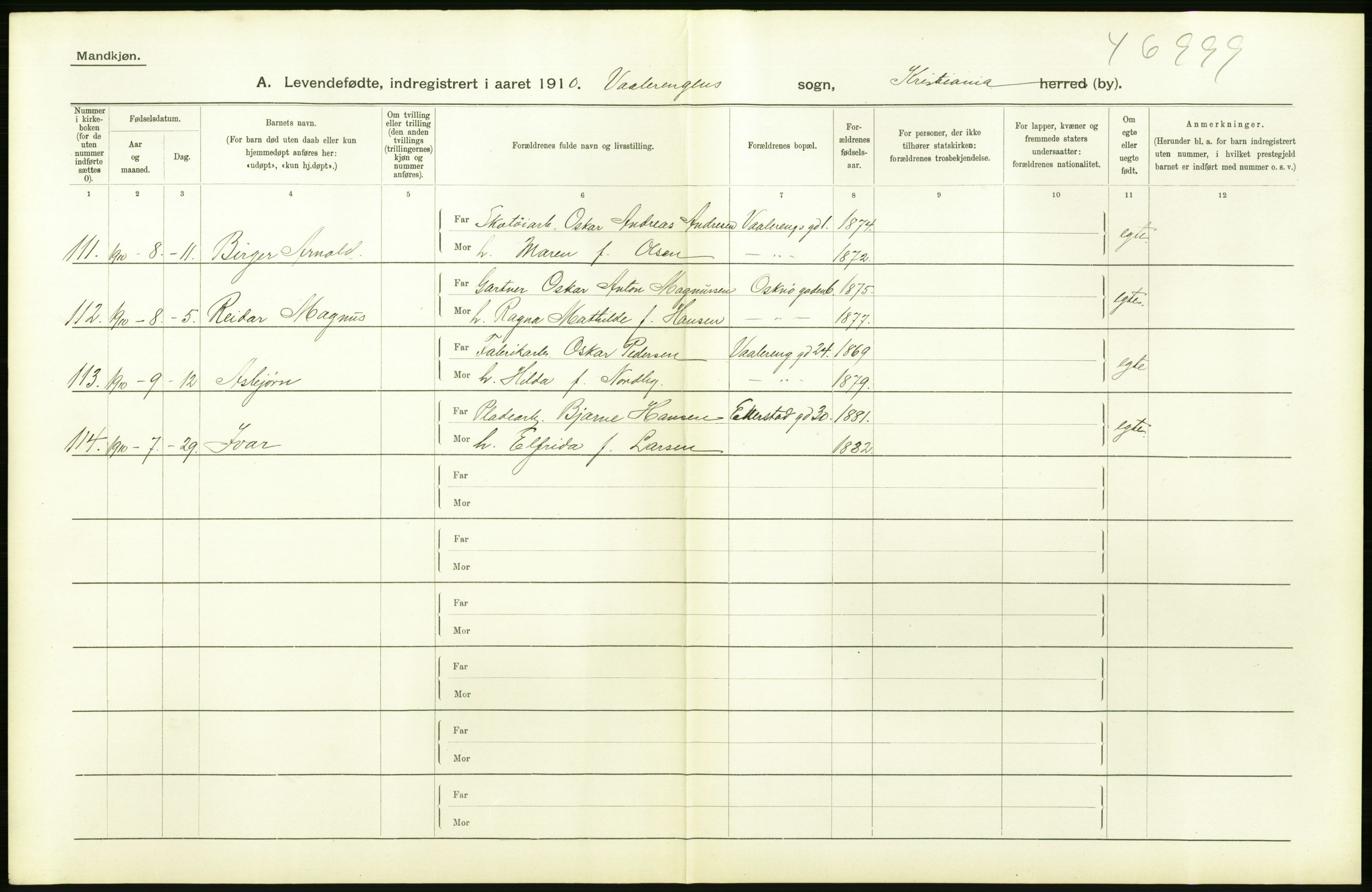 Statistisk sentralbyrå, Sosiodemografiske emner, Befolkning, AV/RA-S-2228/D/Df/Dfa/Dfah/L0006: Kristiania: Levendefødte menn., 1910, p. 432