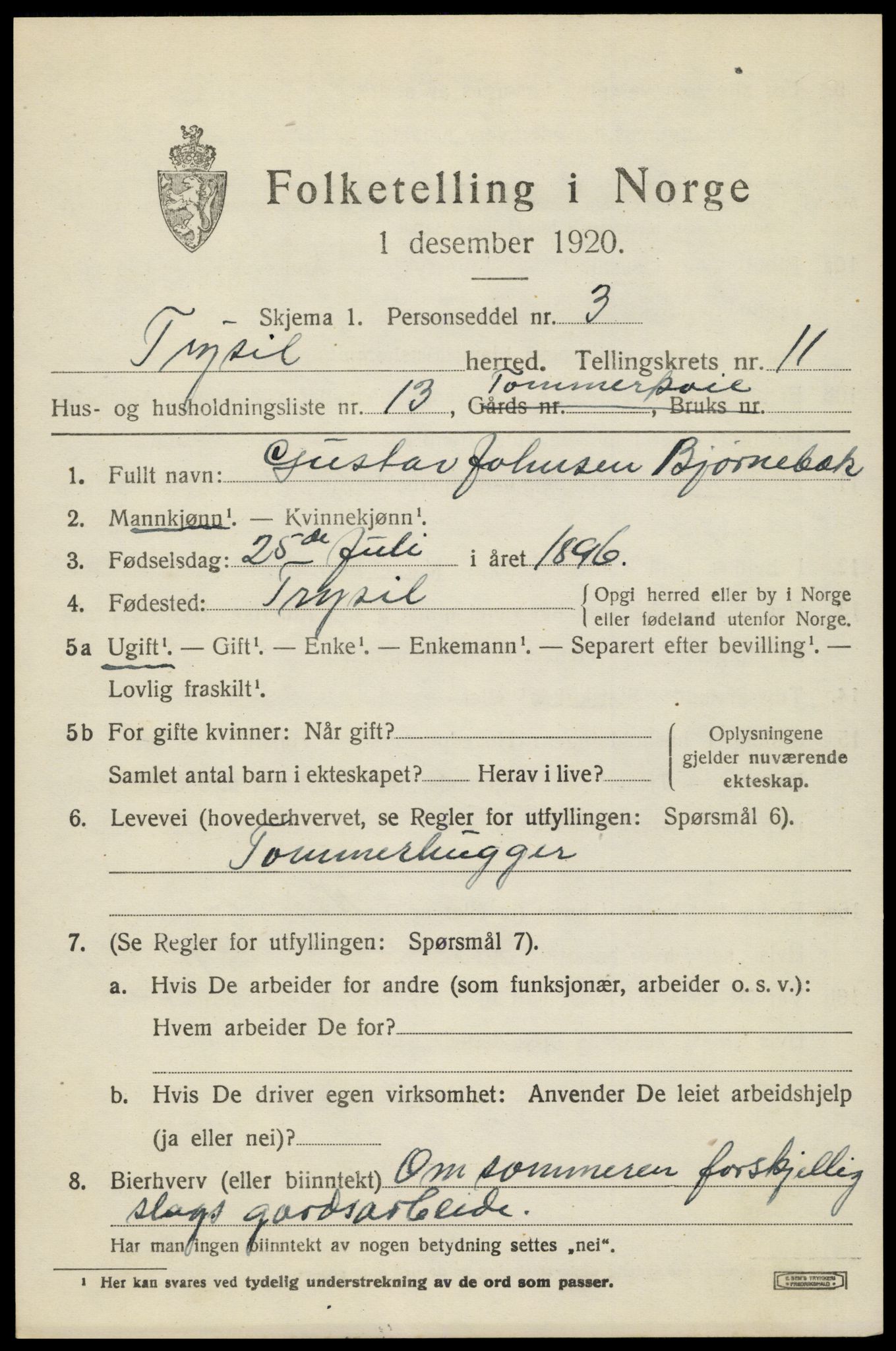 SAH, 1920 census for Trysil, 1920, p. 7107