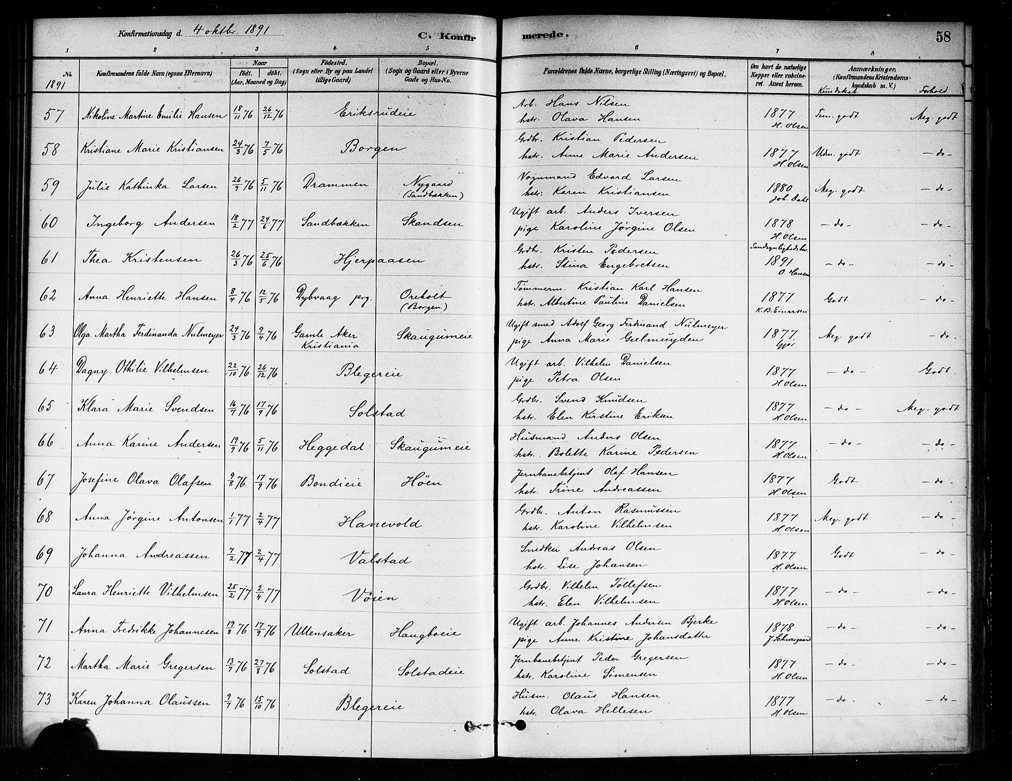 Asker prestekontor Kirkebøker, AV/SAO-A-10256a/F/Fa/L0014: Parish register (official) no. I 14, 1879-1900, p. 58