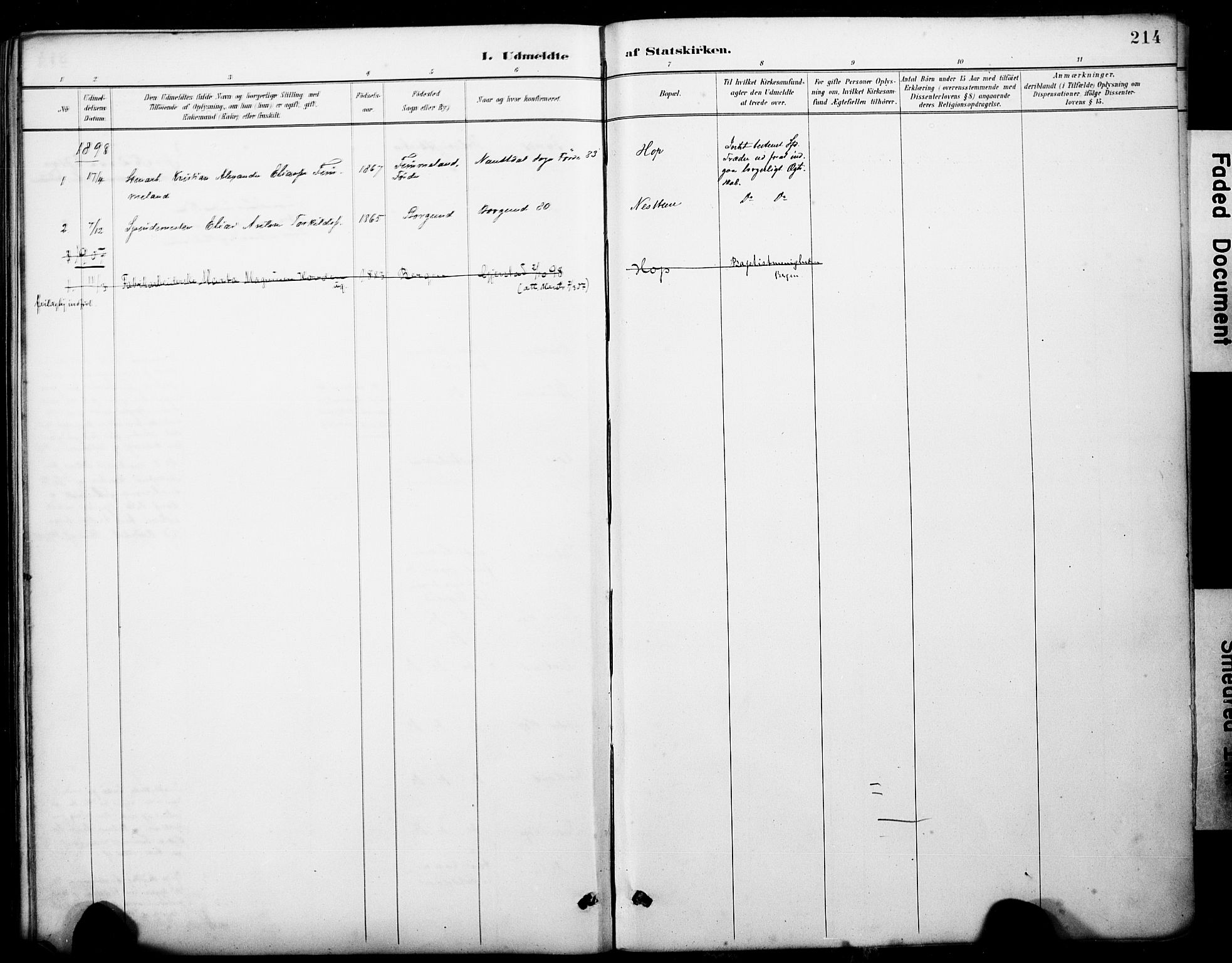 Fana Sokneprestembete, SAB/A-75101/H/Haa/Haai/L0002: Parish register (official) no. I 2, 1888-1899, p. 214