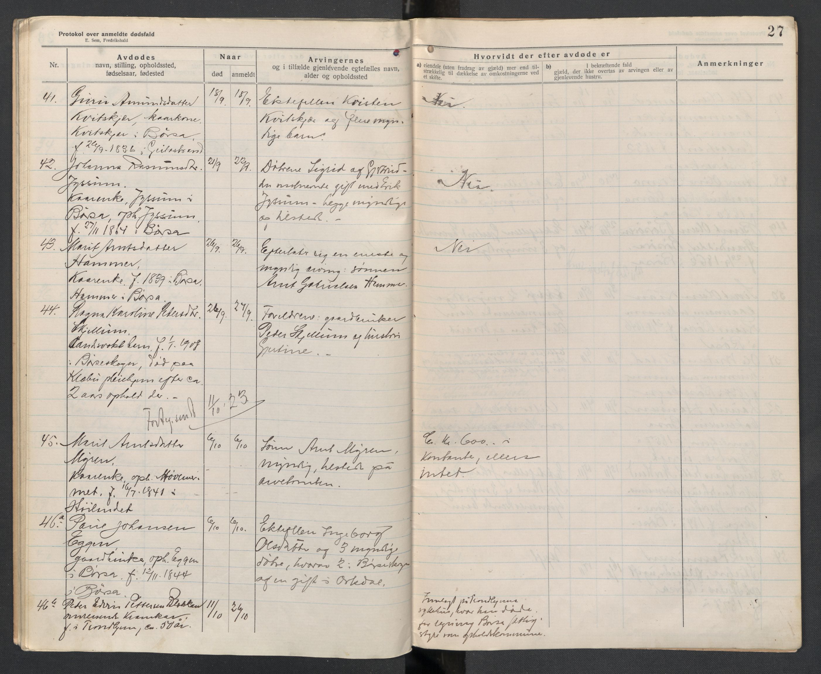 Børsa og Skaun lensmannskontor, AV/SAT-A-5888/02/L0004: 2.01.04 Dødsfallsprotokoll, 1920-1924, p. 27