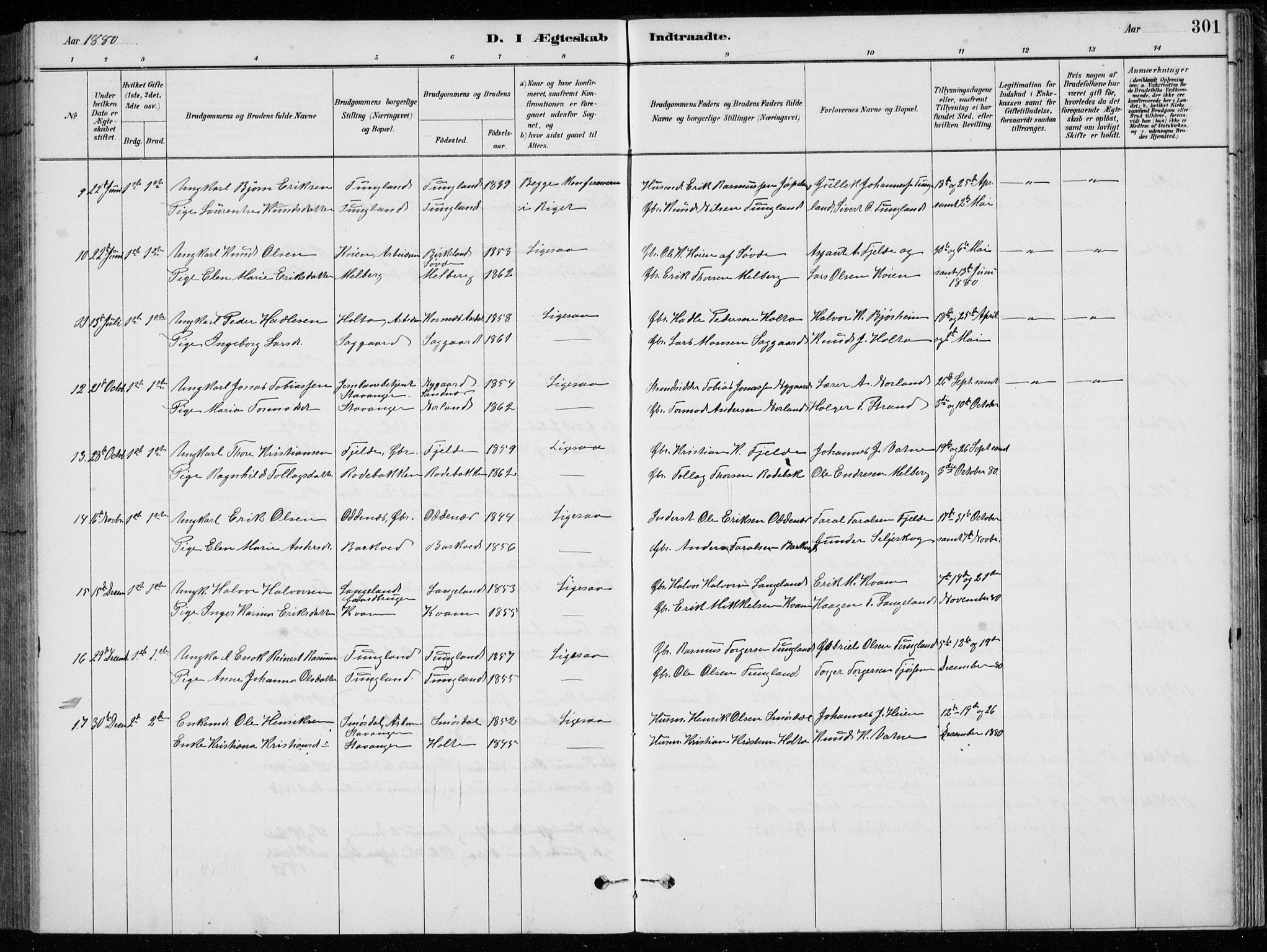 Strand sokneprestkontor, AV/SAST-A-101828/H/Ha/Hab/L0004: Parish register (copy) no. B 4, 1878-1903, p. 301