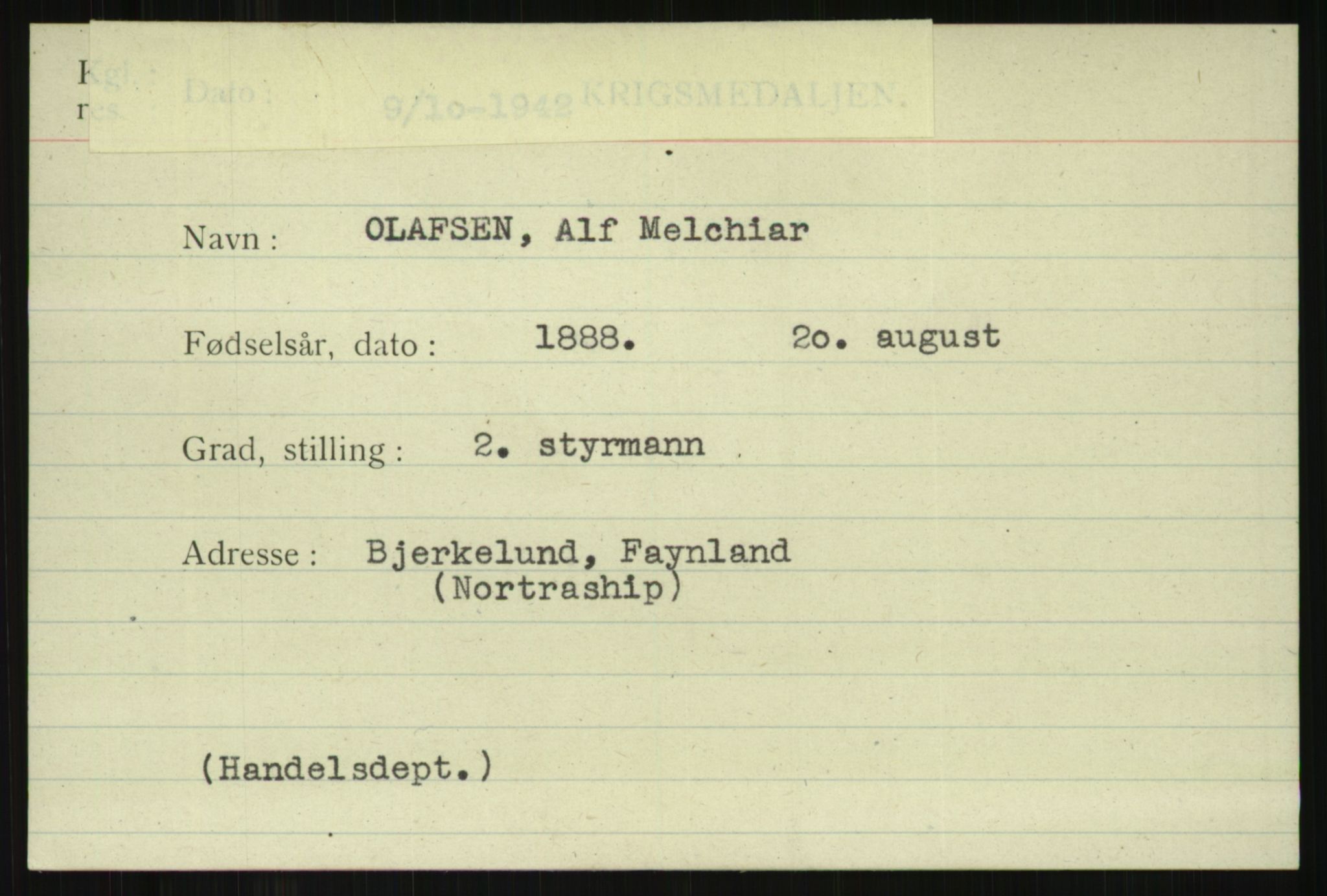 Direktoratet for sjømenn, AV/RA-S-3545/G/Gi/L0008: Alfabetisk ordnet kartotek over krigsdekorasjoner tildelt nordmenn under krigen, Odden - Staalstrøm, 1940-1945, p. 23