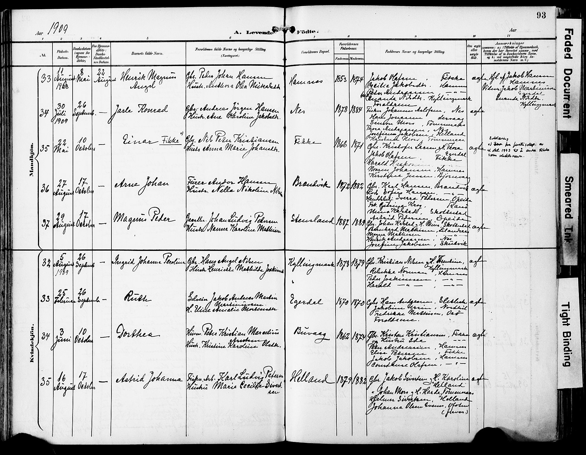 Ministerialprotokoller, klokkerbøker og fødselsregistre - Nordland, AV/SAT-A-1459/859/L0848: Parish register (official) no. 859A08, 1900-1912, p. 93