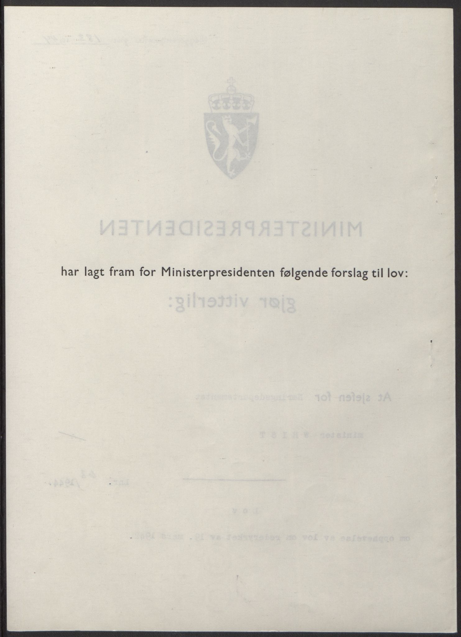 NS-administrasjonen 1940-1945 (Statsrådsekretariatet, de kommisariske statsråder mm), AV/RA-S-4279/D/Db/L0100: Lover, 1944, p. 300